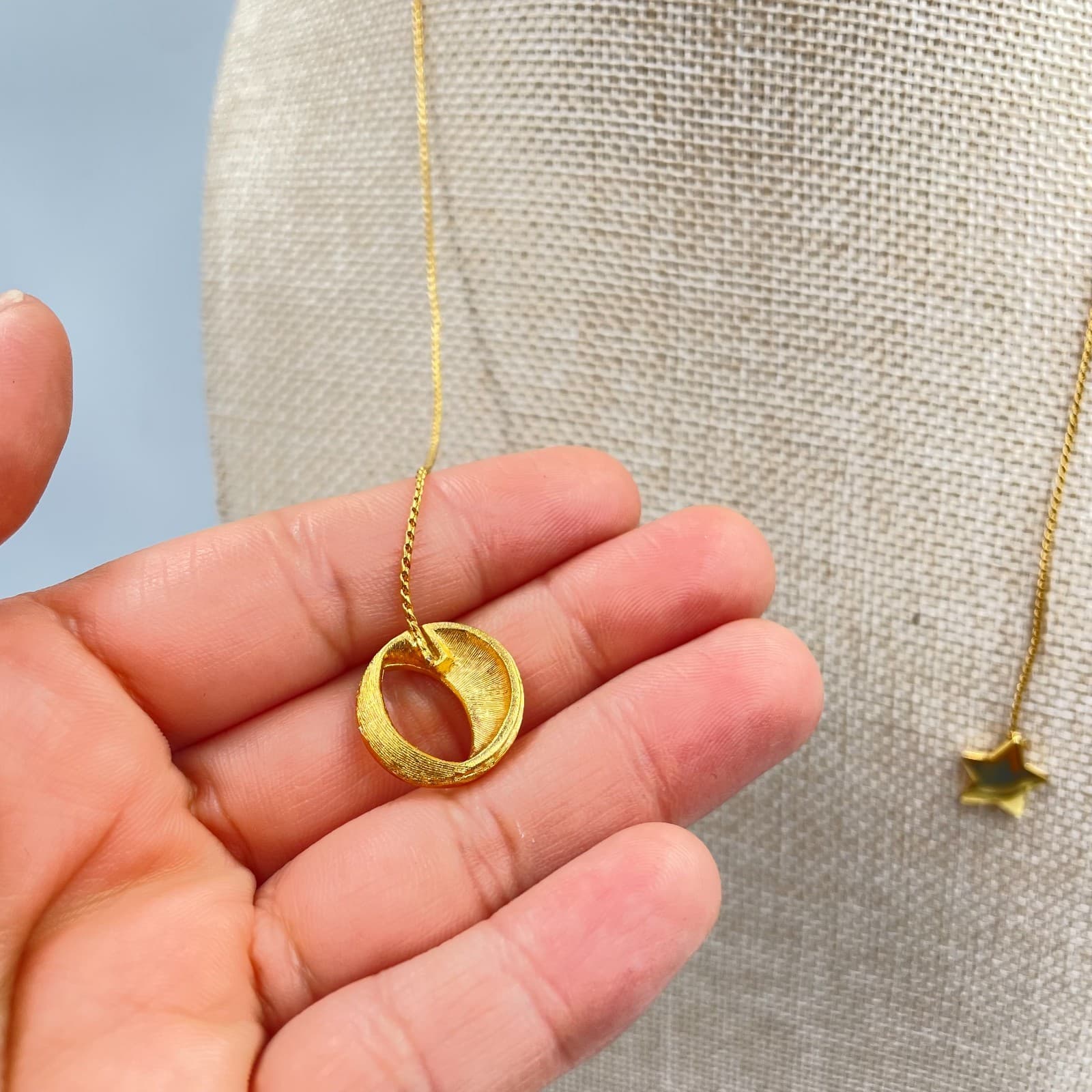 Gold-Tone Hammered Metal Celestial Moon Star Charms Pendant Lariat Necklace - Thumbnail 4