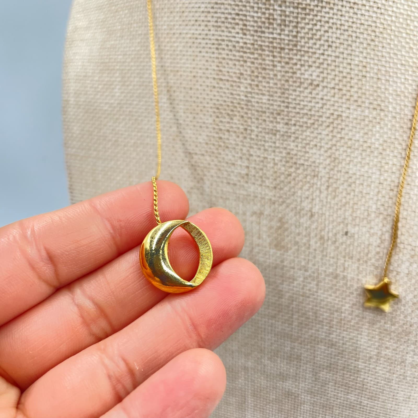 Gold-Tone Hammered Metal Celestial Moon Star Charms Pendant Lariat Necklace - Thumbnail 3