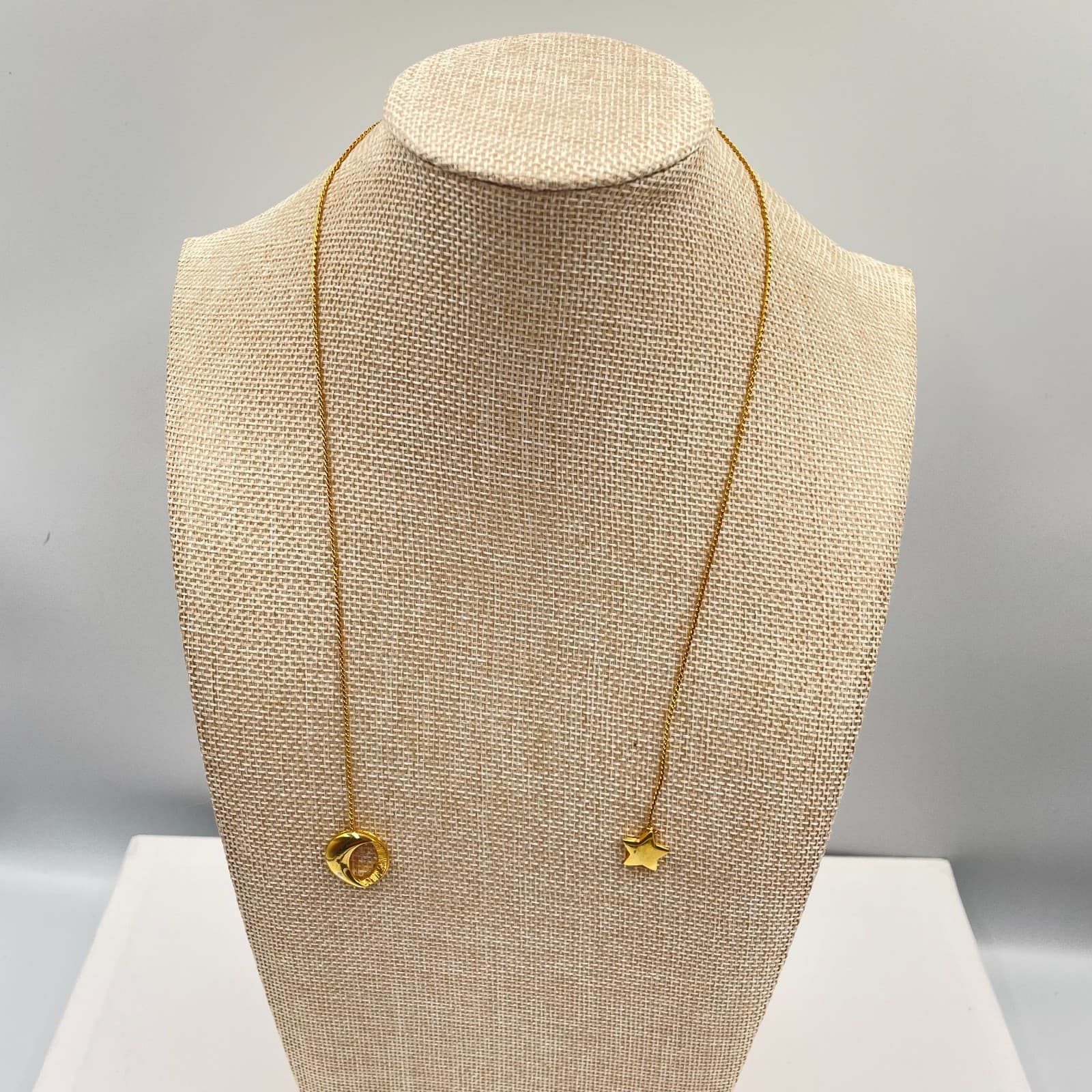 Gold-Tone Hammered Metal Celestial Moon Star Charms Pendant Lariat Necklace - Image 1