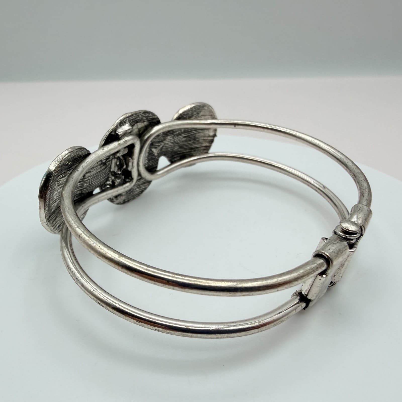 Vintage Y2K Silver Tone Bangle Bracelet Faux Turquoise Cabochon Stones Jewelry - Thumbnail 6