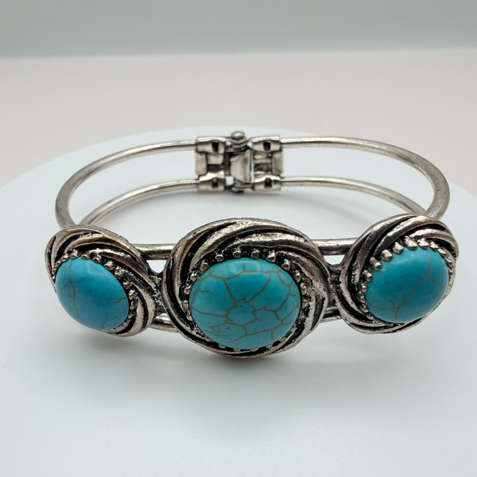 Vintage Y2K Silver Tone Bangle Bracelet Faux Turquoise Cabochon Stones Jewelry - Image 1