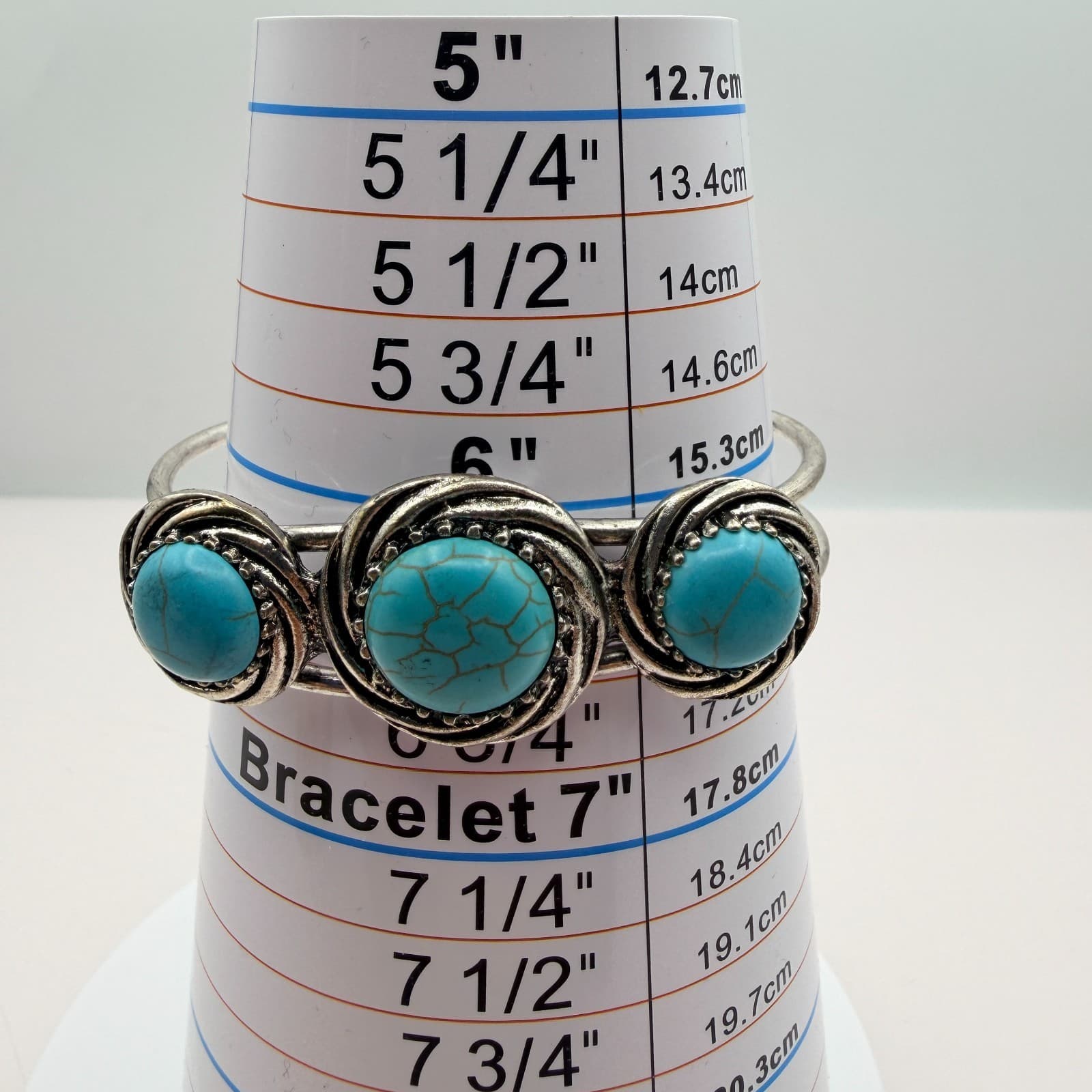 Vintage Y2K Silver Tone Bangle Bracelet Faux Turquoise Cabochon Stones Jewelry - Thumbnail 3