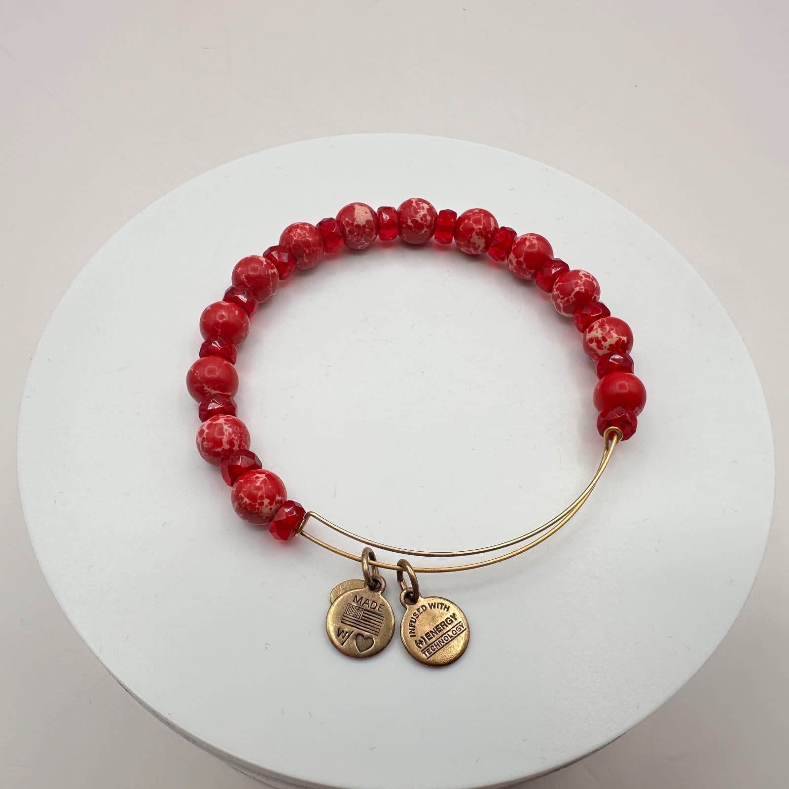 Vintage 80s Americana Grateful Beaded Bangle Red & Rafaelian Gold Tone Jewelry - Thumbnail 2