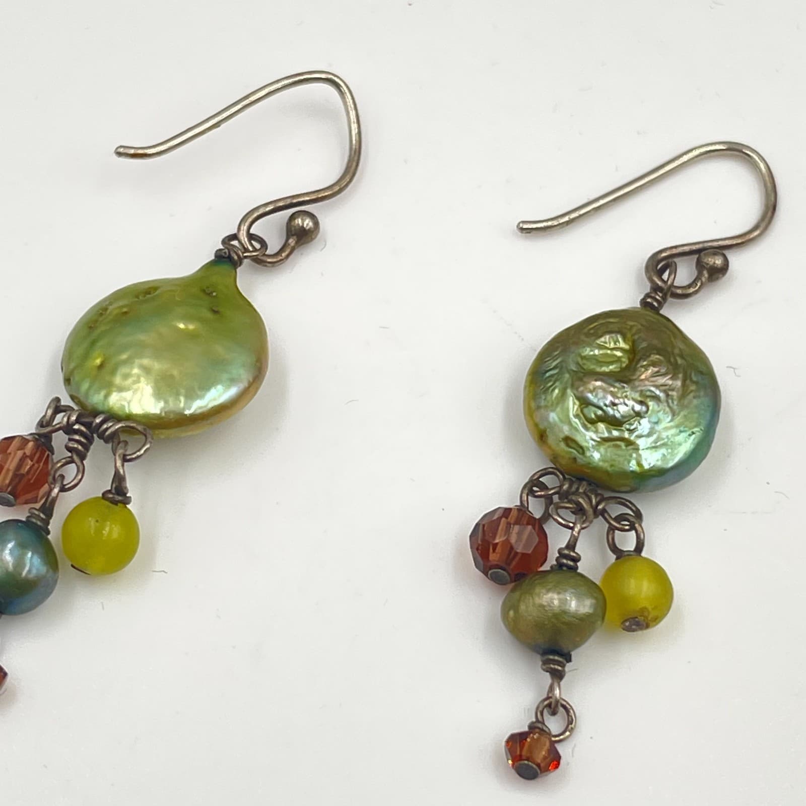 Vintage Gold-Tone Cluster Crystals Coin Pearls Dangle Drop French Hook Earrings - Thumbnail 3