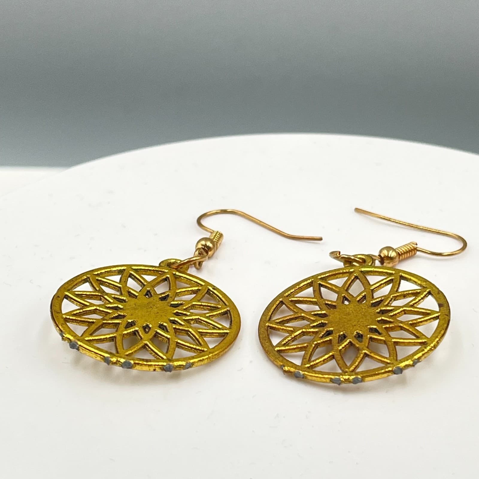 Bohemian Gold-Tone Metal Turquoise Center Mandala Dangle Drop Hook Earrings - Thumbnail 6