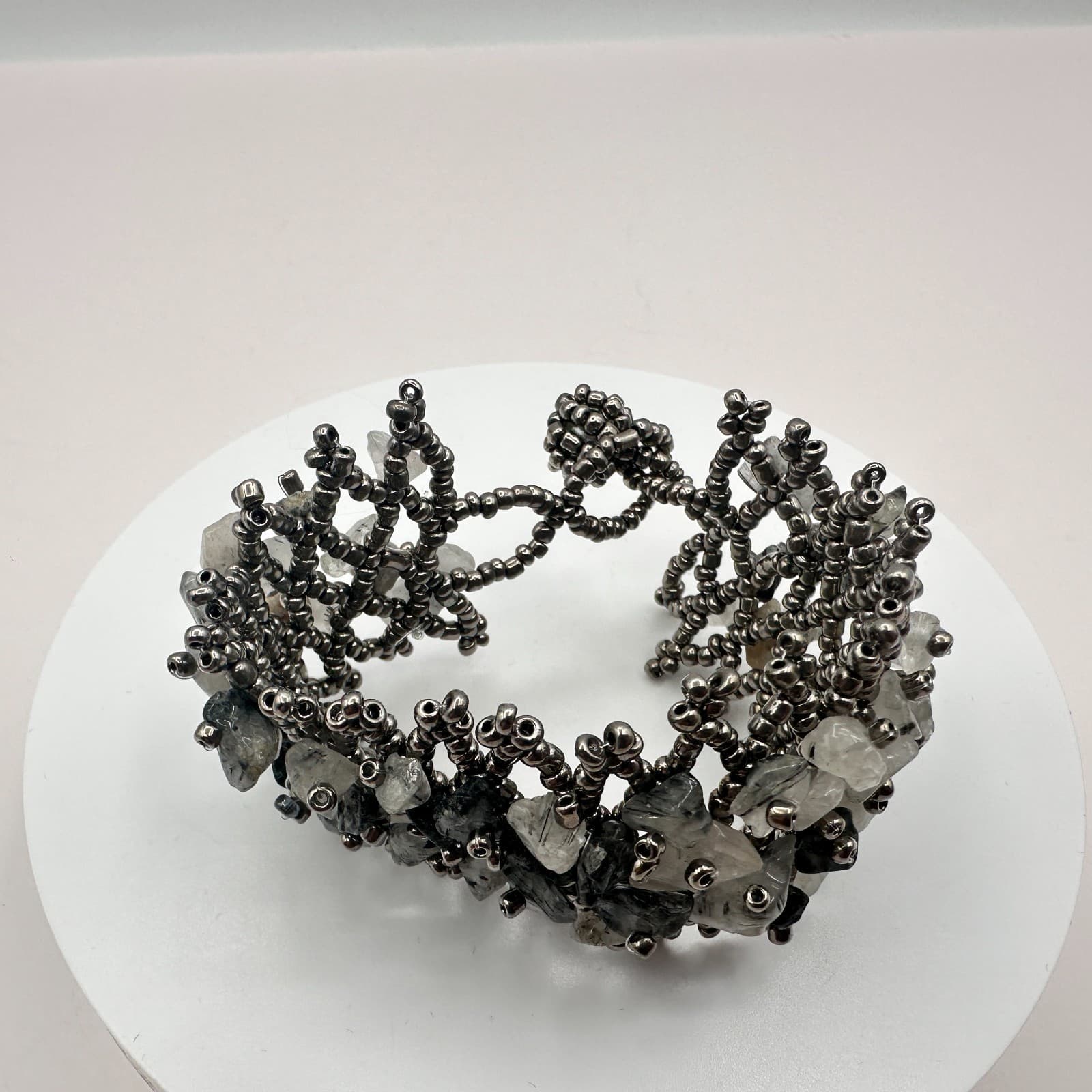 Vintage 80s Quartz Statement Cuff Woven Silver Tone Seed Bead Amulet Jewelry - Image 1