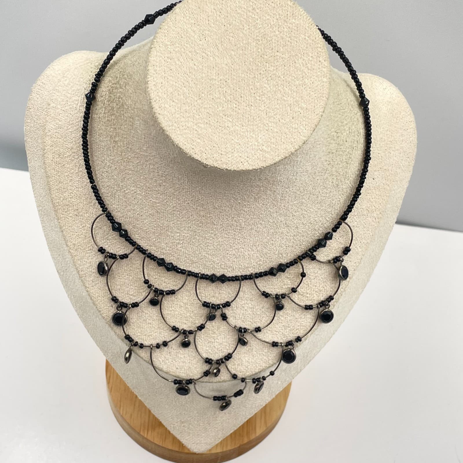 Vintage Gothic Victorian Black Seed Bead Scalloped Bib Statement Choker Necklace - Thumbnail 4