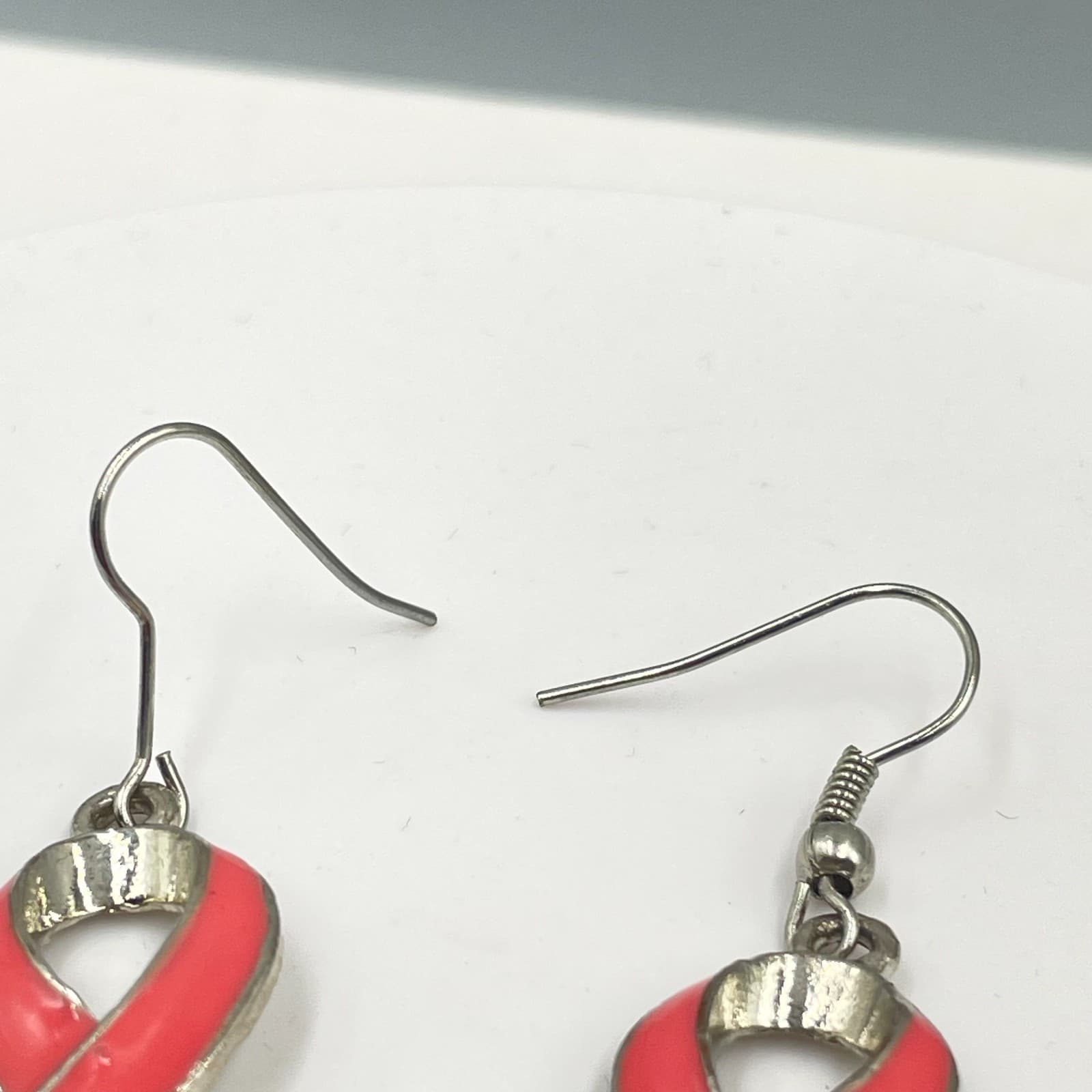 Vintage 90s Silver-Tone Pink Enamel Awareness Ribbon Dangle French Hook Earrings - Thumbnail 3