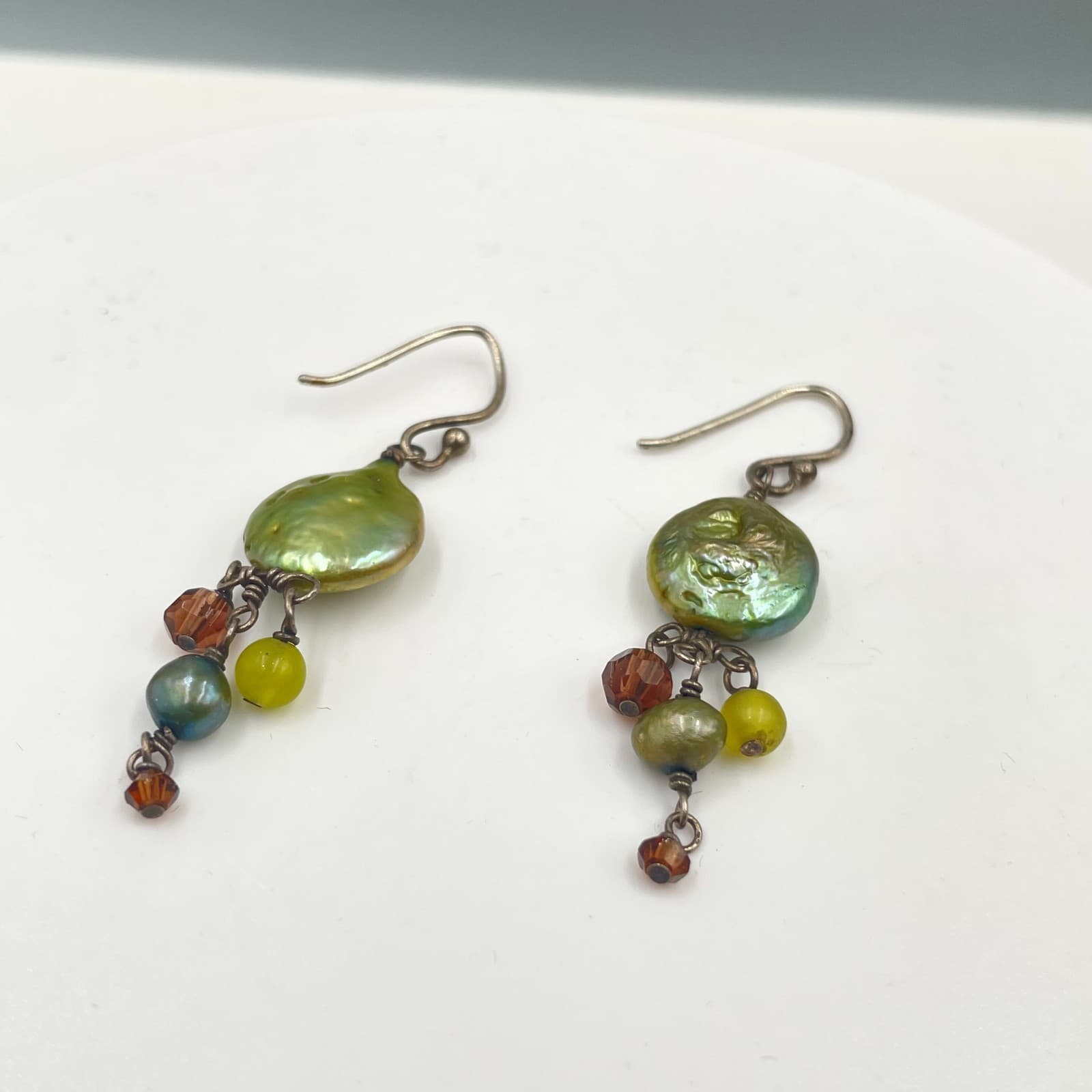 Vintage Gold-Tone Cluster Crystals Coin Pearls Dangle Drop French Hook Earrings - Thumbnail 2