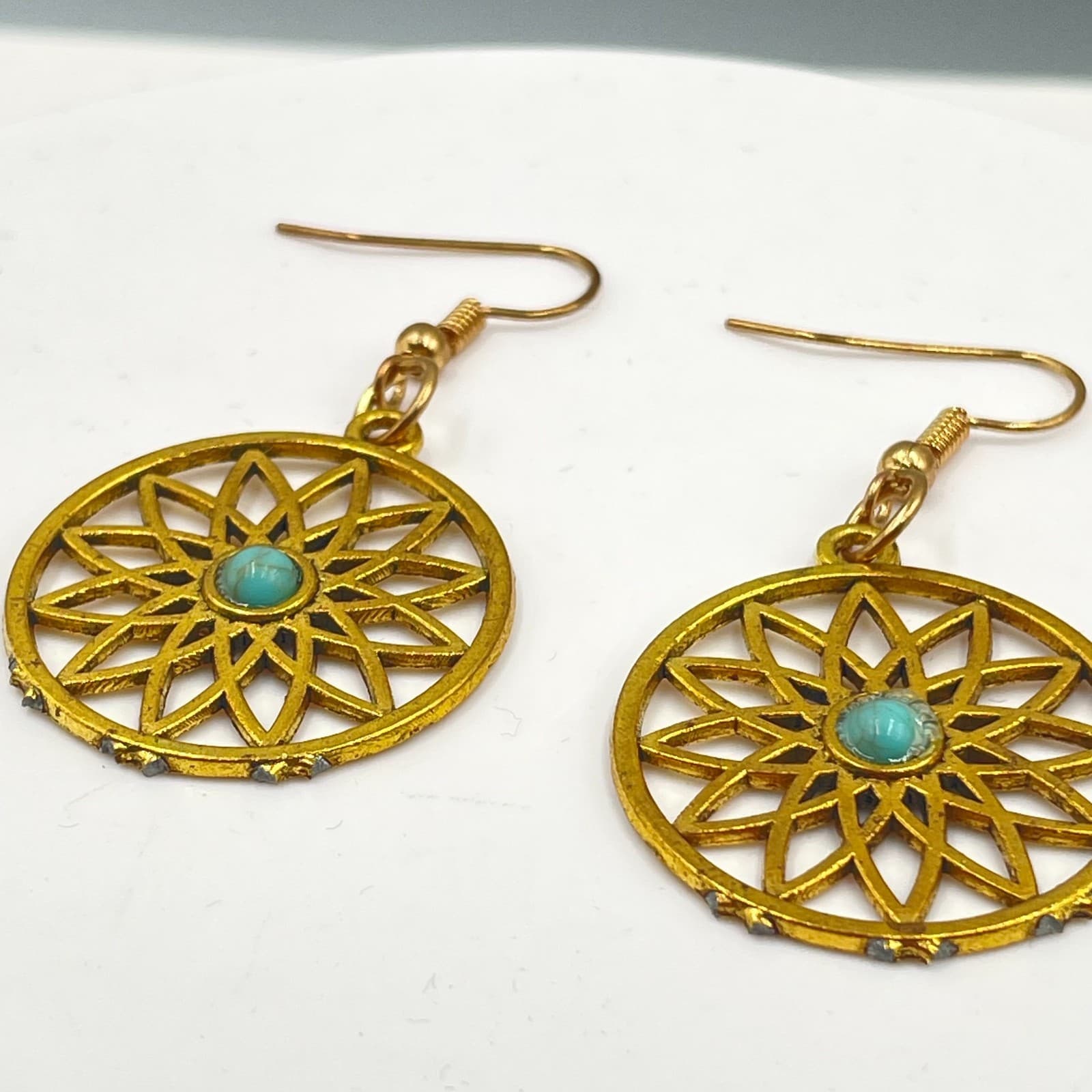 Bohemian Gold-Tone Metal Turquoise Center Mandala Dangle Drop Hook Earrings - Thumbnail 2
