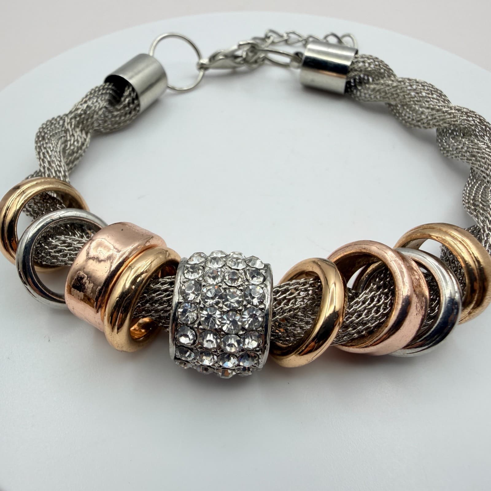 Vintage 50s Silver Tone Mesh Chain Bracelet Rhinestone Ring Charms Style Jewelry - Thumbnail 5