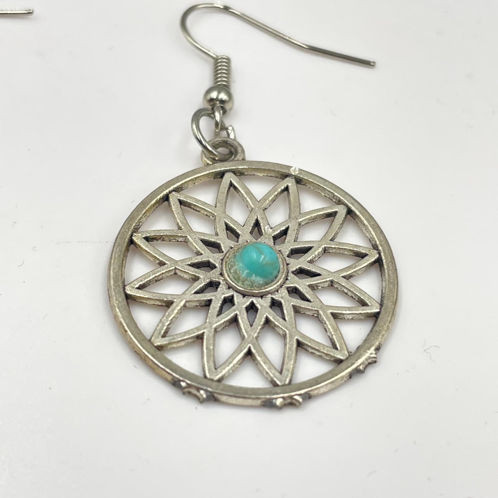 Bohemian Silver-Tone Metal Turquoise Center Mandala Dangle Drop Hook Earrings - Thumbnail 3
