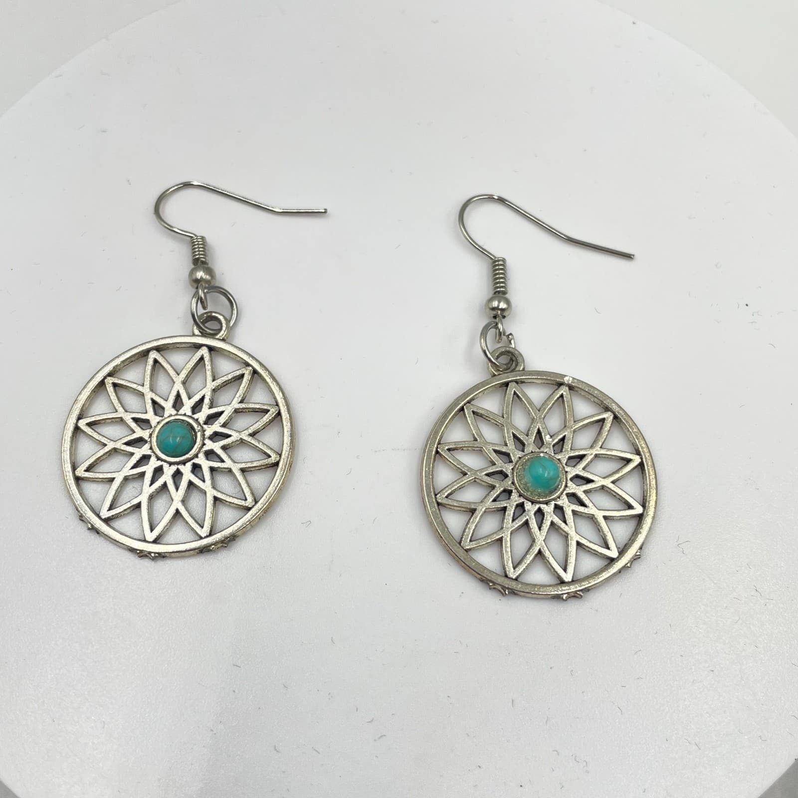 Bohemian Silver-Tone Metal Turquoise Center Mandala Dangle Drop Hook Earrings - Image 1