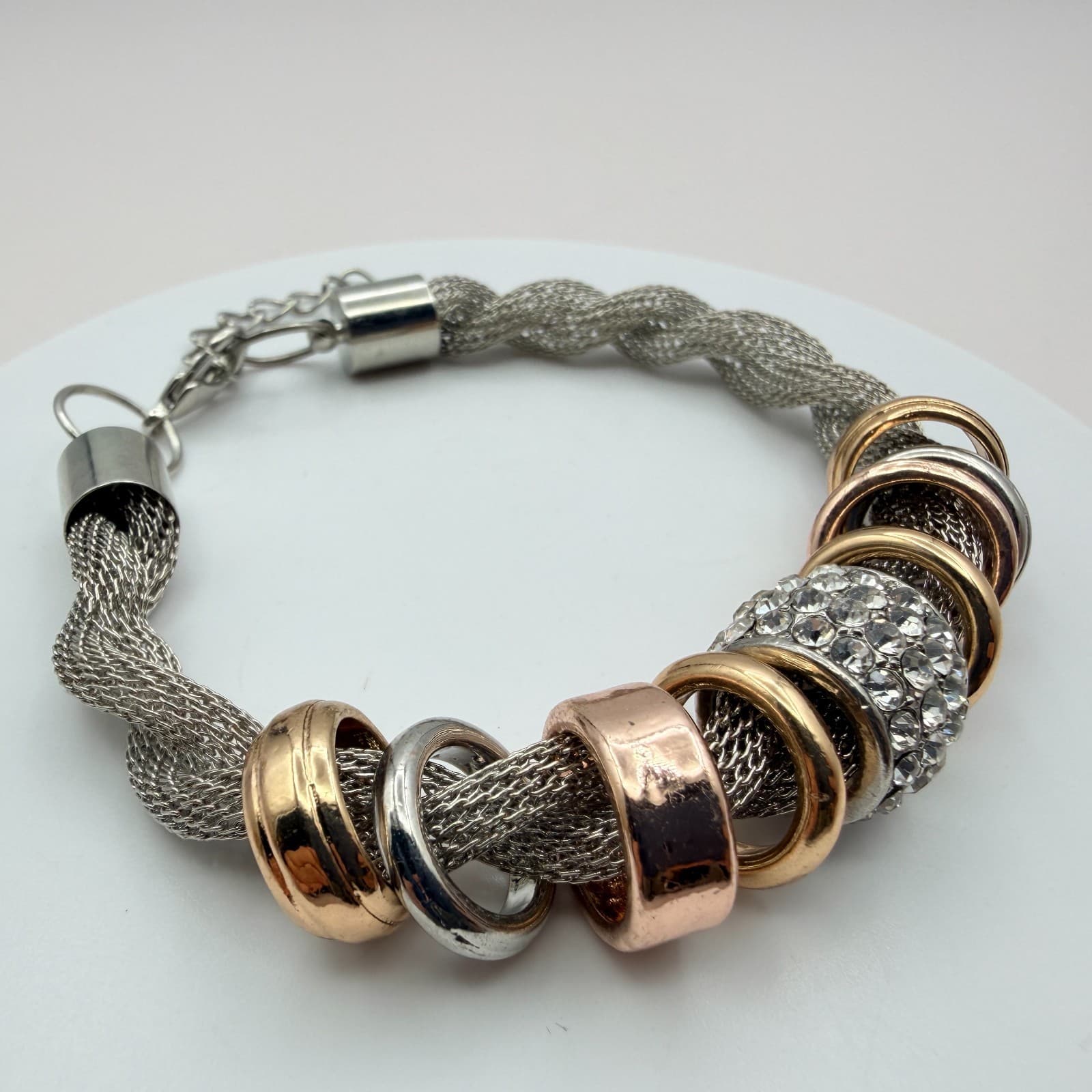 Vintage 50s Silver Tone Mesh Chain Bracelet Rhinestone Ring Charms Style Jewelry - Image 1