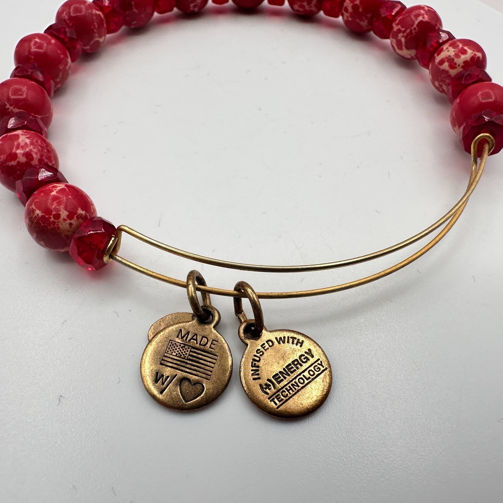 Vintage 80s Americana Grateful Beaded Bangle Red & Rafaelian Gold Tone Jewelry - Thumbnail 4