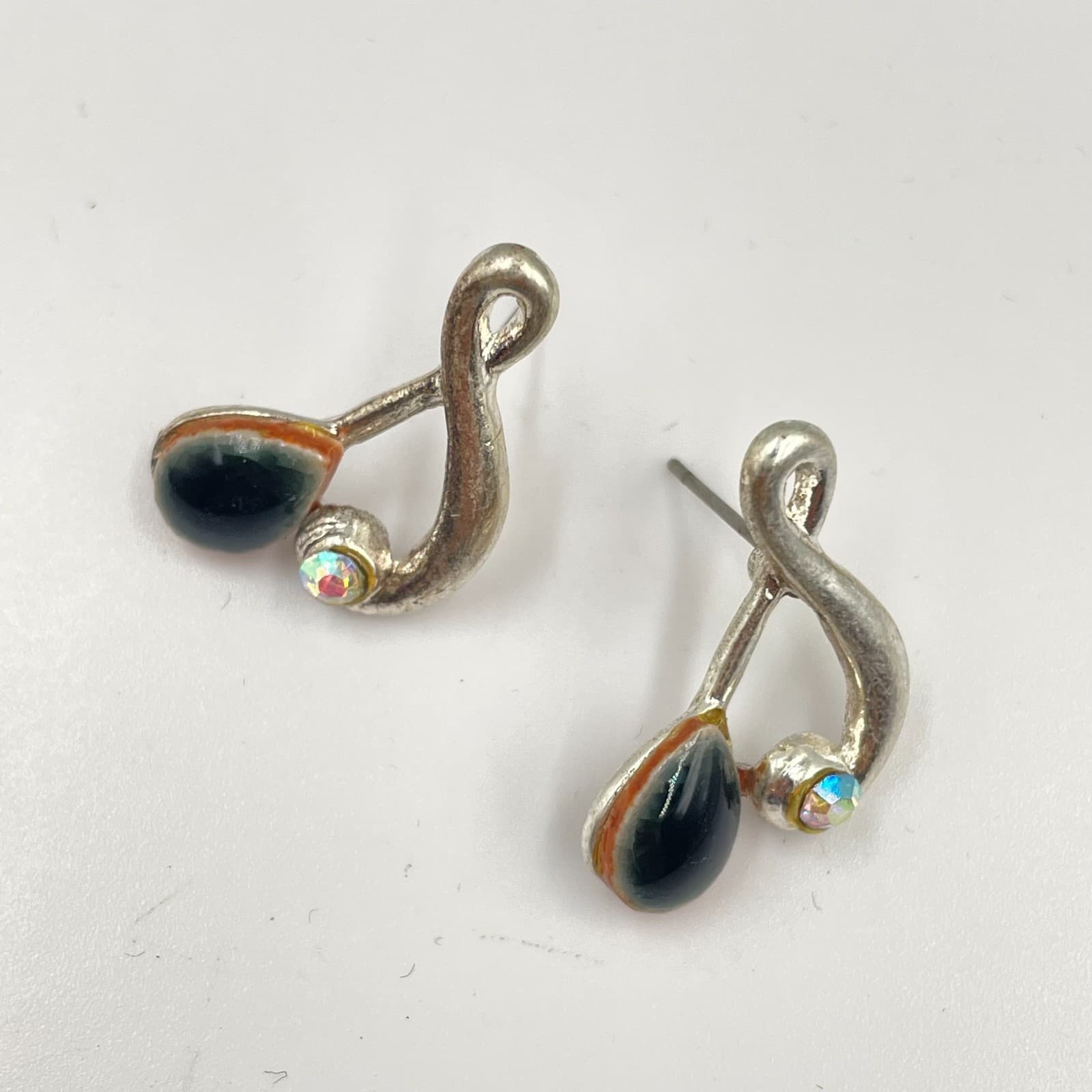 Silver-Tone Black Iridescent Crystal Enamel Teardrop Musical Note Studs Earrings - Thumbnail 2