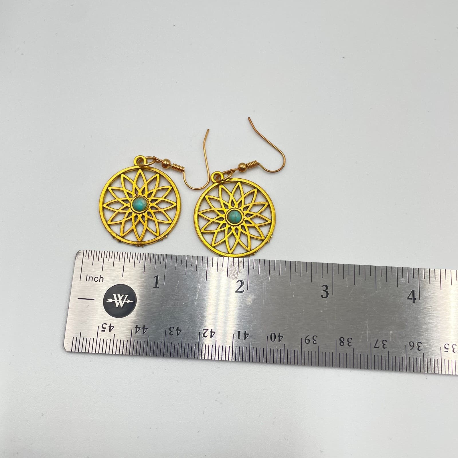 Bohemian Gold-Tone Metal Turquoise Center Mandala Dangle Drop Hook Earrings - Thumbnail 7
