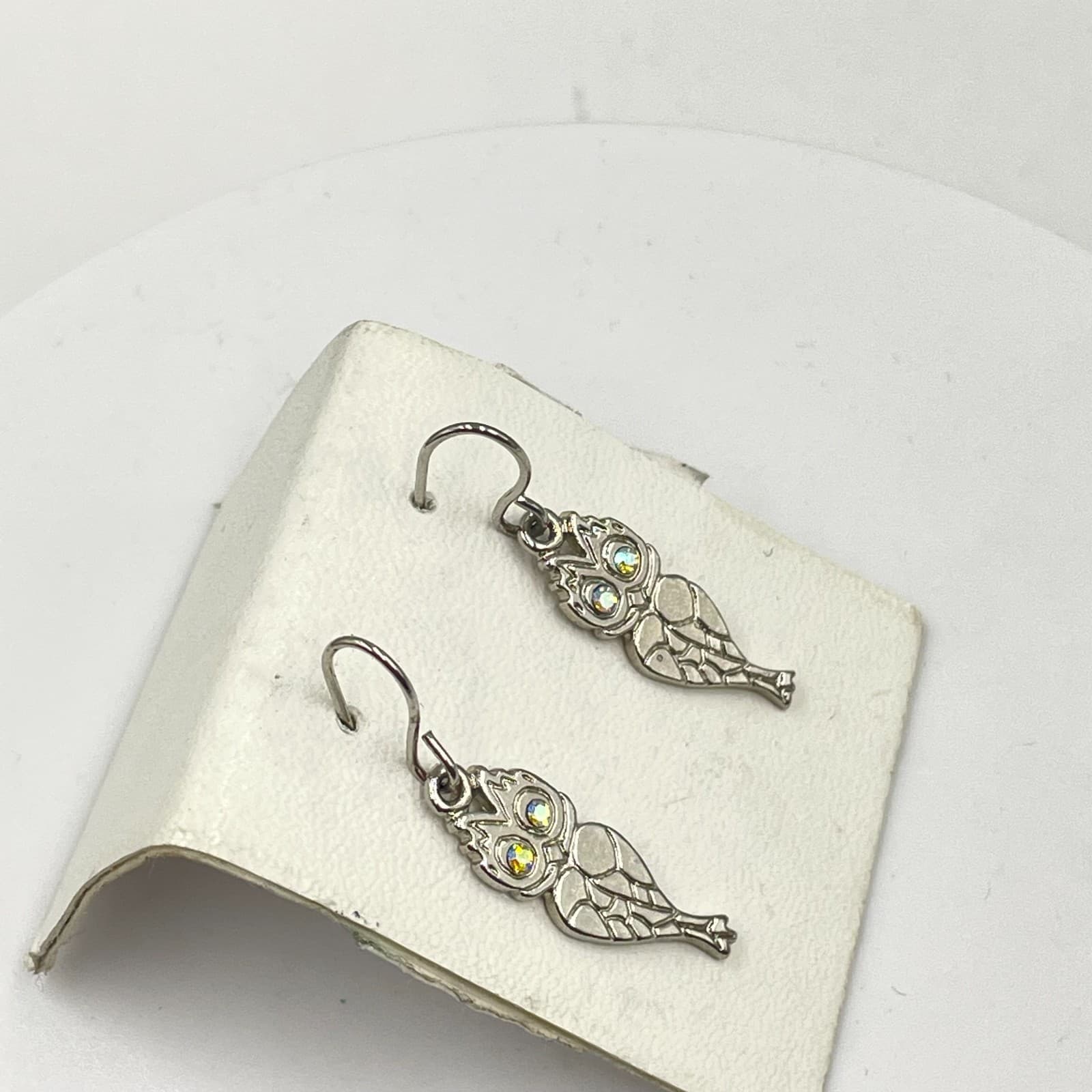 Vintage Silver-Tone Textured Metal Iridescent Rhinestone Eye Owl Dangle Earrings - Thumbnail 5