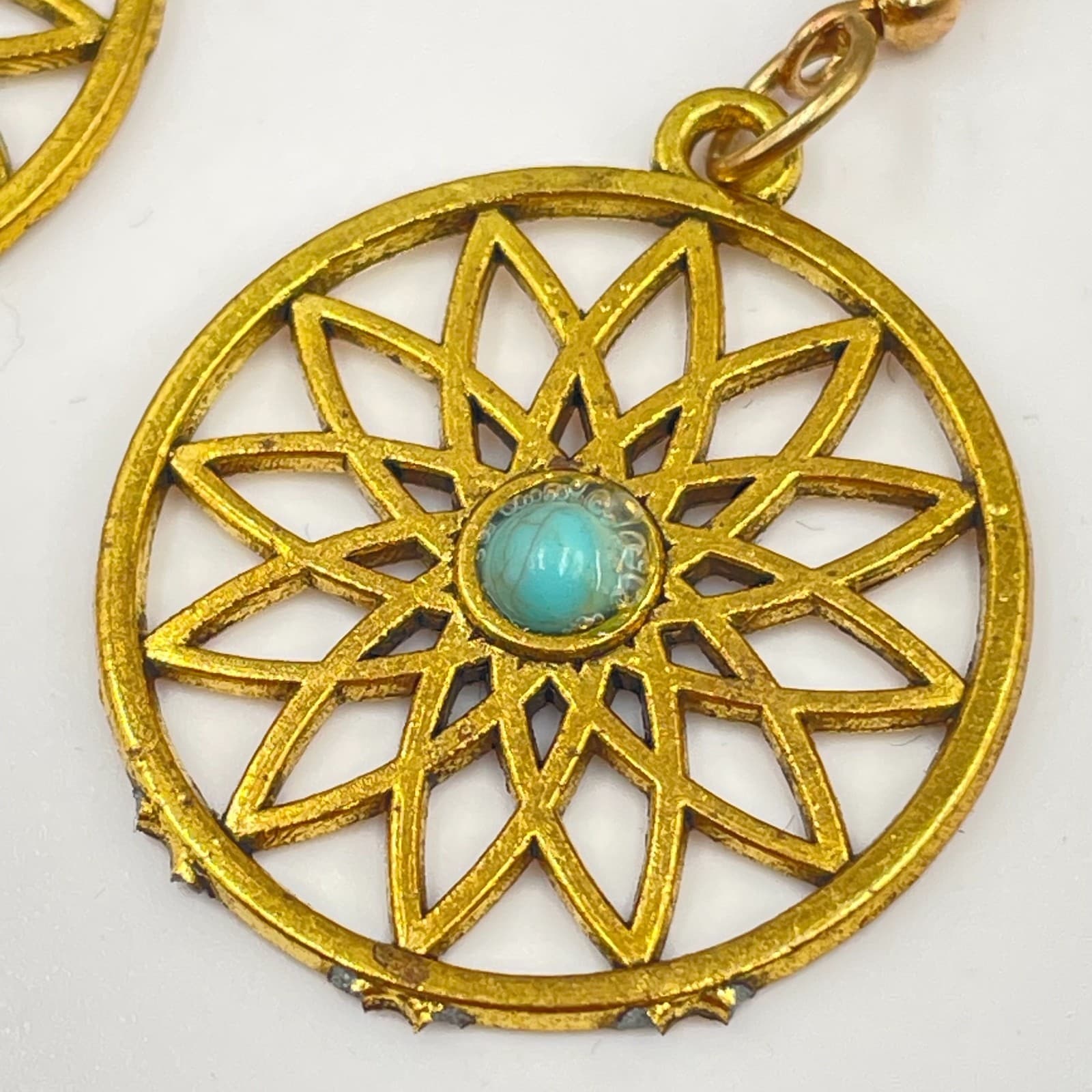 Bohemian Gold-Tone Metal Turquoise Center Mandala Dangle Drop Hook Earrings - Thumbnail 4