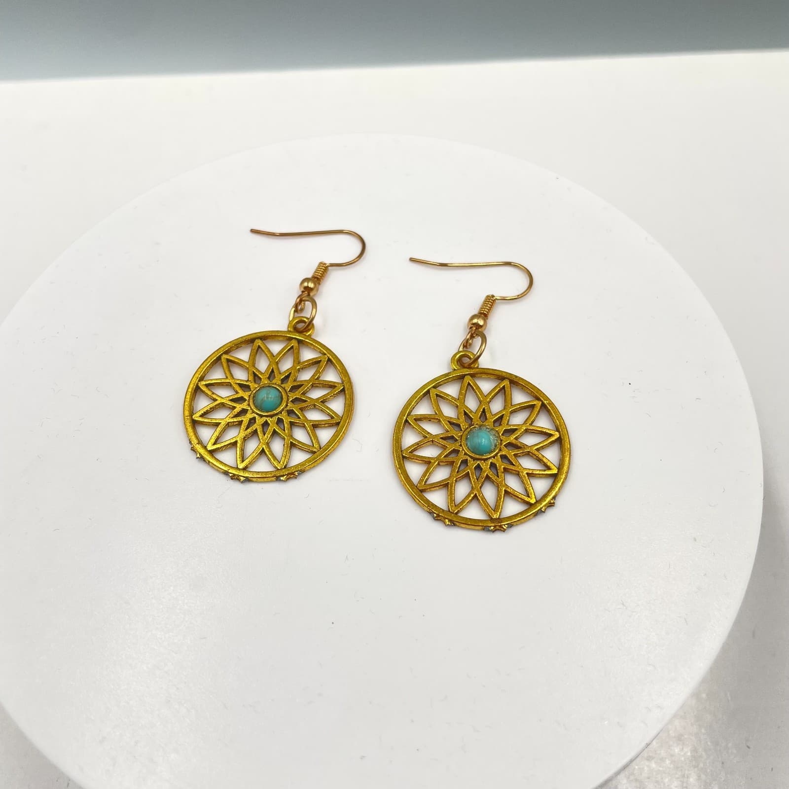Bohemian Gold-Tone Metal Turquoise Center Mandala Dangle Drop Hook Earrings - Image 1