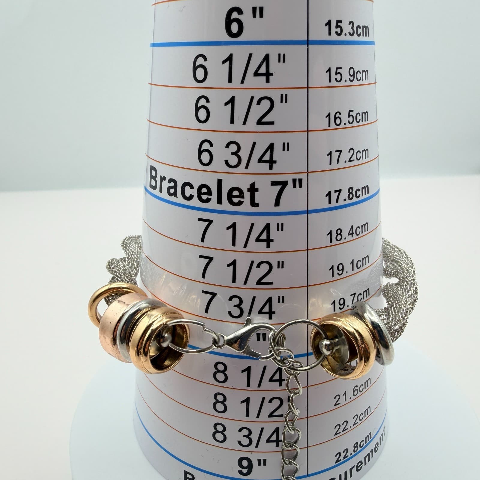 Vintage 50s Silver Tone Mesh Chain Bracelet Rhinestone Ring Charms Style Jewelry - Thumbnail 3