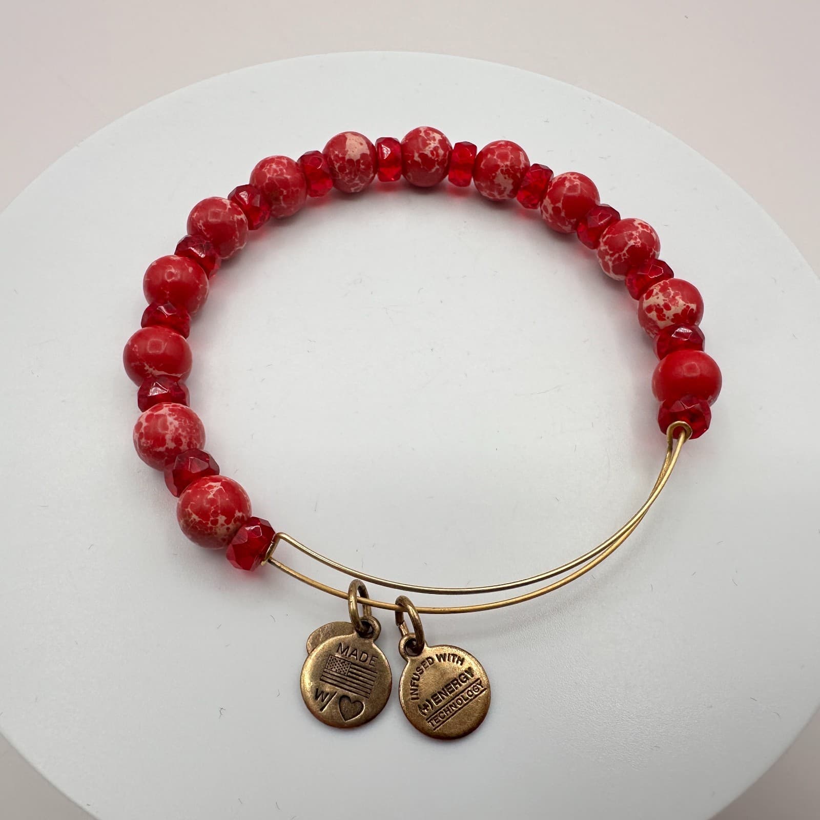 Vintage 80s Americana Grateful Beaded Bangle Red & Rafaelian Gold Tone Jewelry - Thumbnail 3