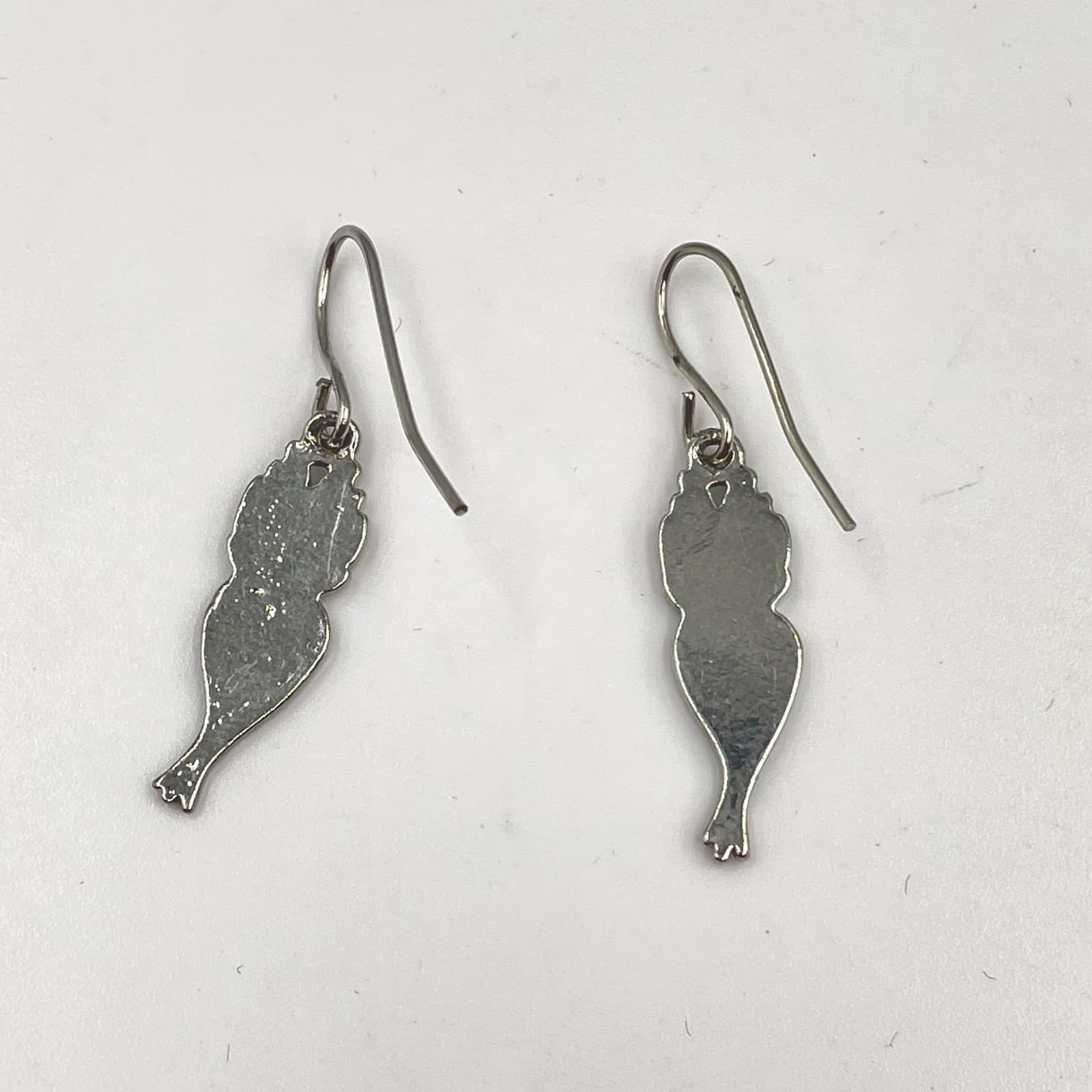 Vintage Silver-Tone Textured Metal Iridescent Rhinestone Eye Owl Dangle Earrings - Thumbnail 6