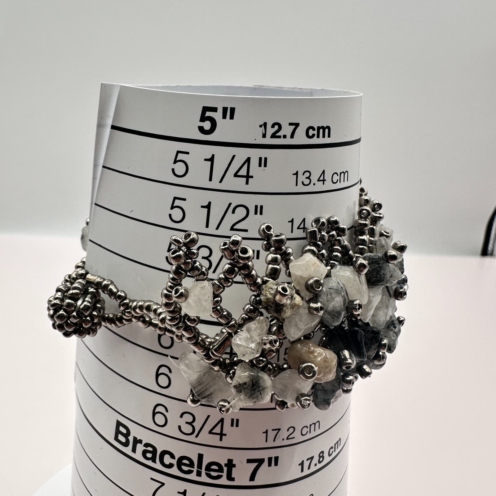 Vintage 80s Quartz Statement Cuff Woven Silver Tone Seed Bead Amulet Jewelry - Thumbnail 7