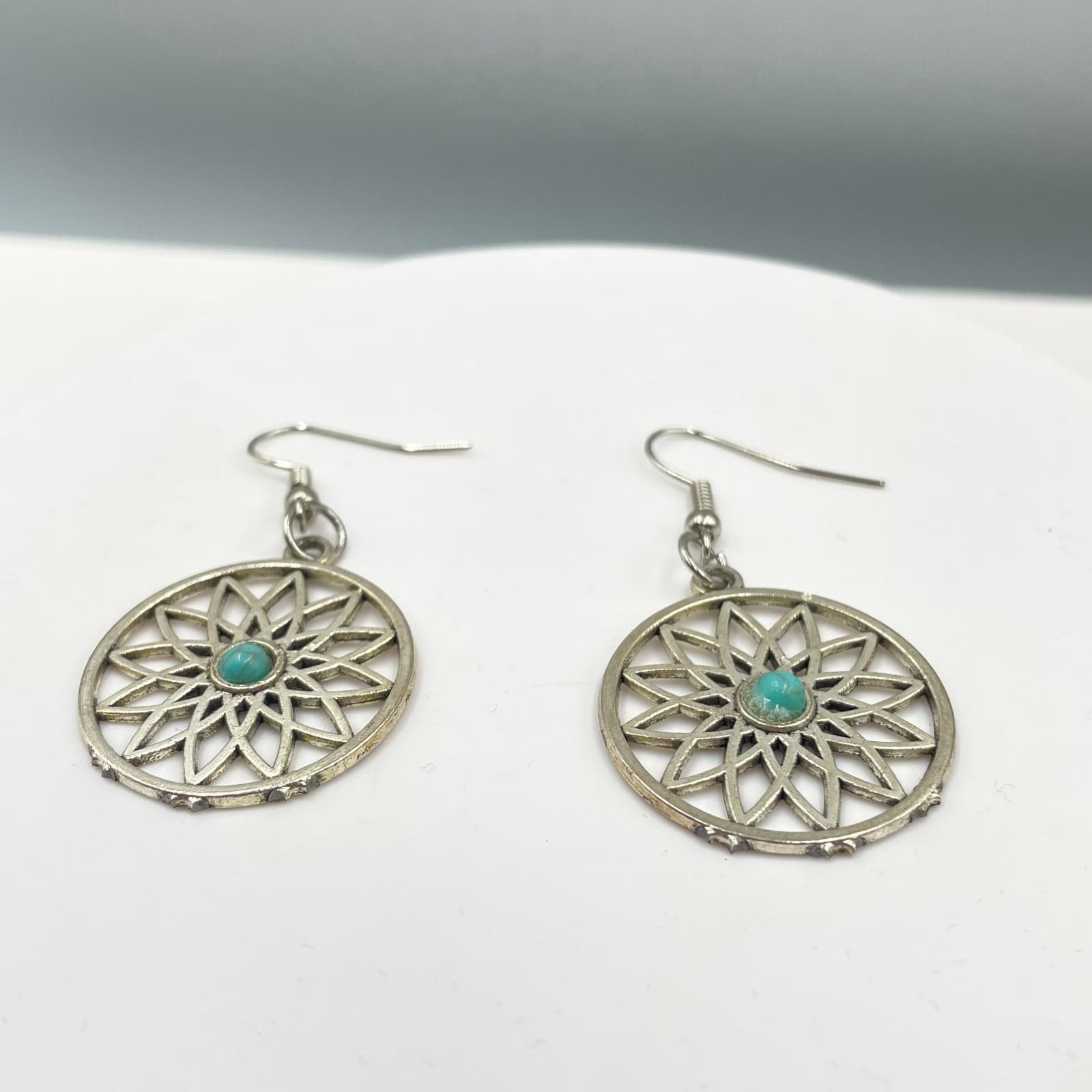 Bohemian Silver-Tone Metal Turquoise Center Mandala Dangle Drop Hook Earrings - Thumbnail 2