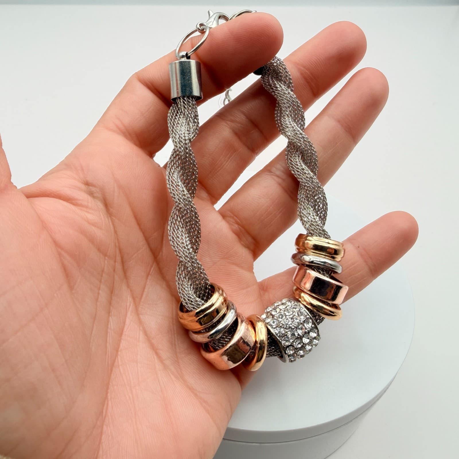 Vintage 50s Silver Tone Mesh Chain Bracelet Rhinestone Ring Charms Style Jewelry - Thumbnail 2