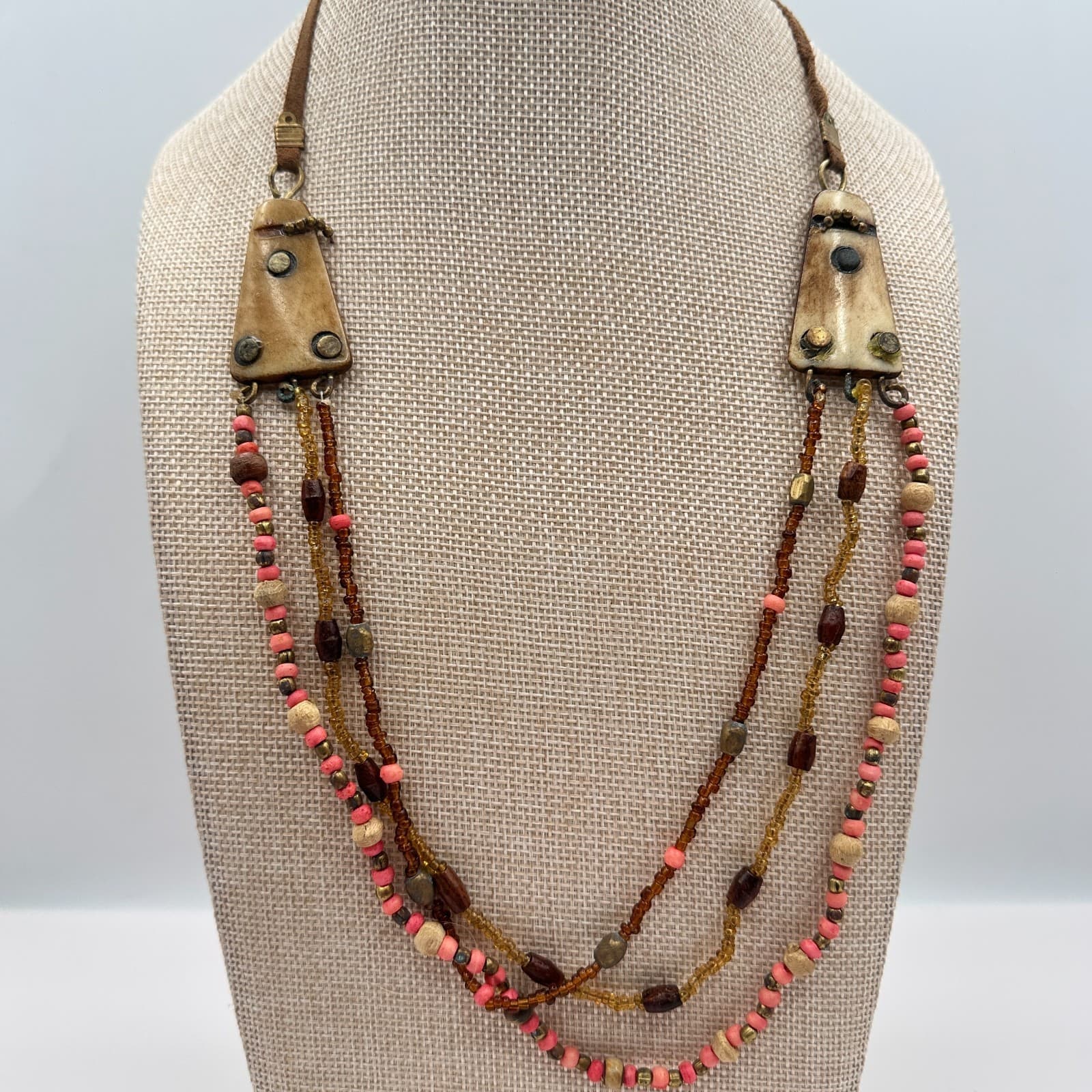 Vintage 80s Beaded Statement Necklace Tribal Artisanal Pink Earth Retro Jewelry - Thumbnail 6