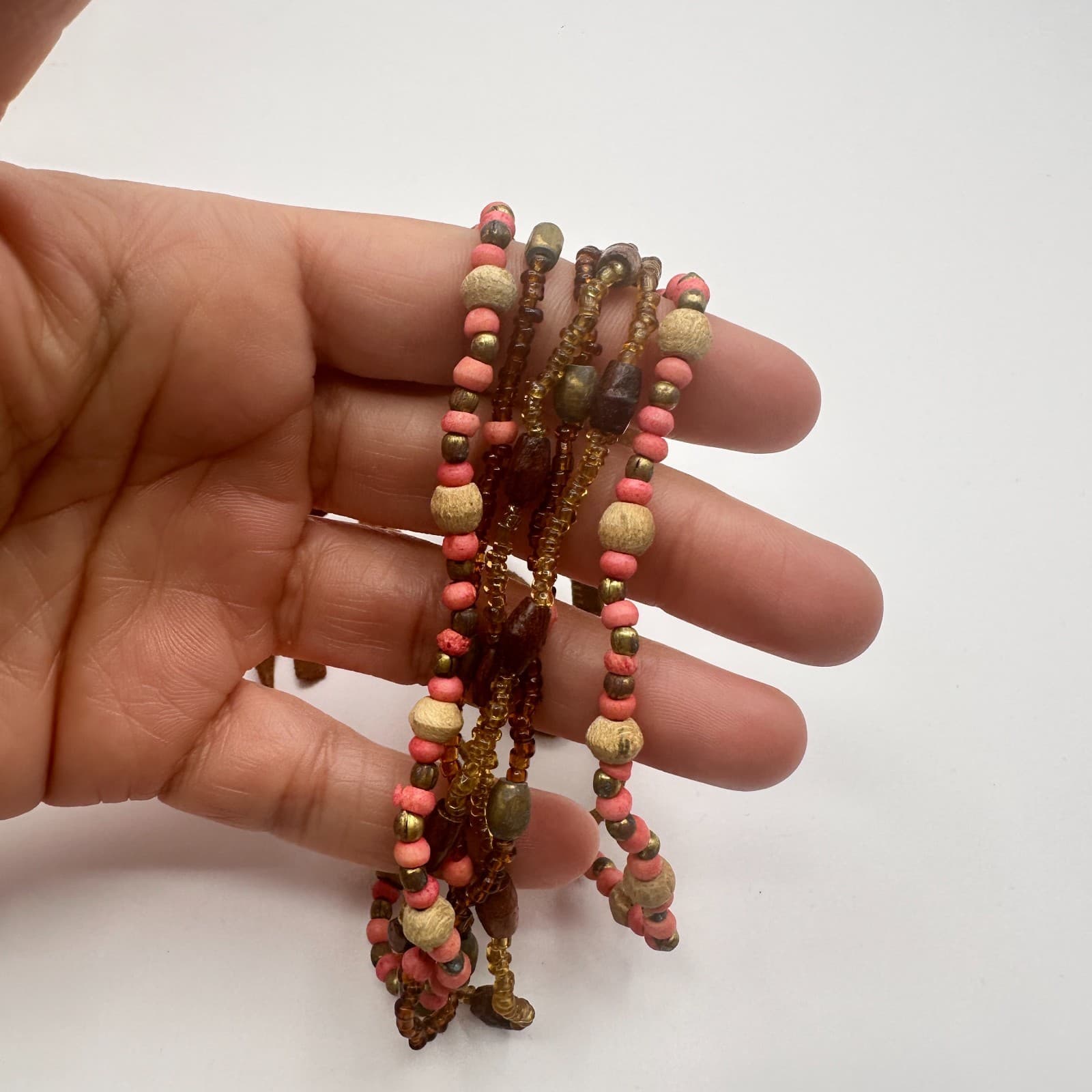Vintage 80s Beaded Statement Necklace Tribal Artisanal Pink Earth Retro Jewelry - Thumbnail 8