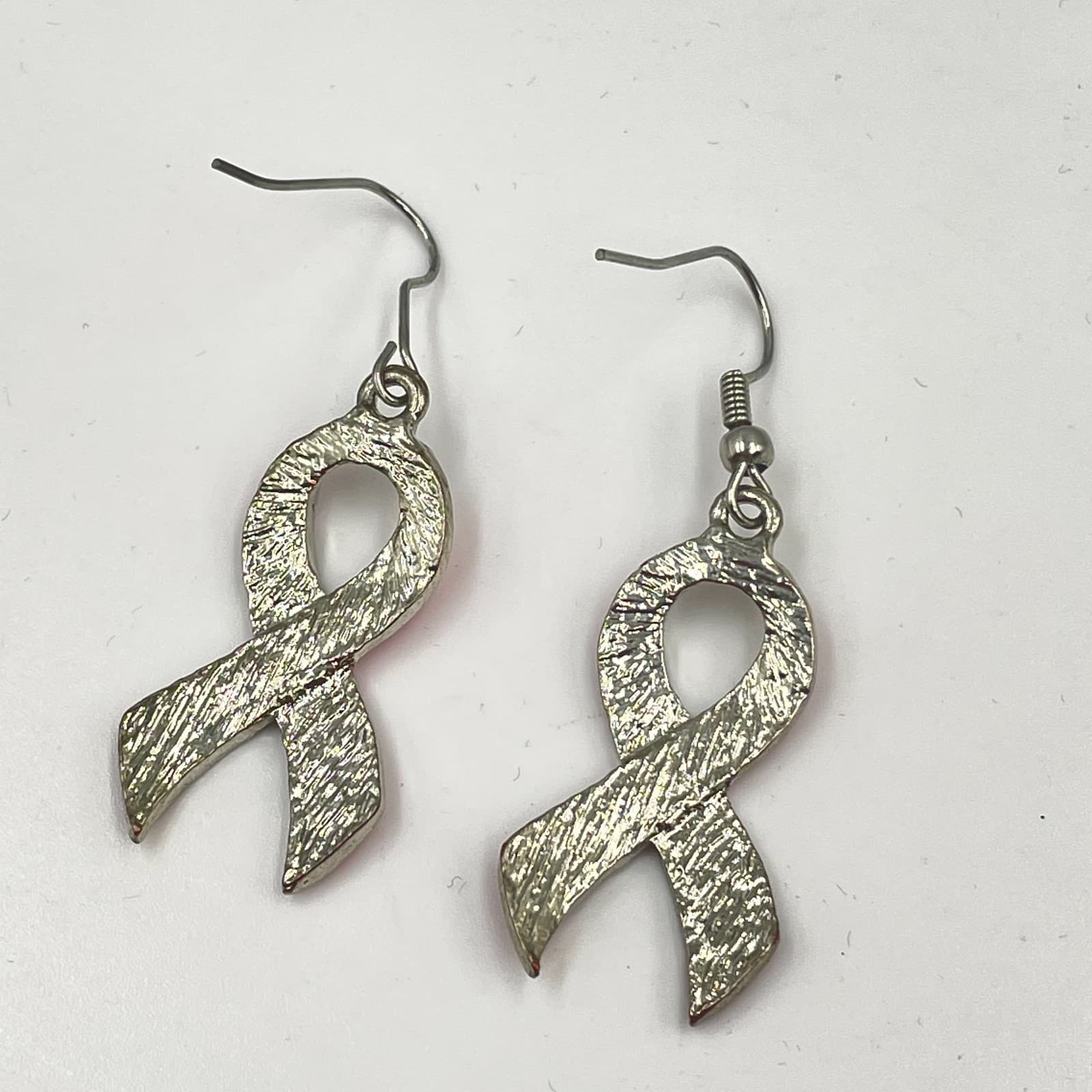 Vintage 90s Silver-Tone Pink Enamel Awareness Ribbon Dangle French Hook Earrings - Thumbnail 4