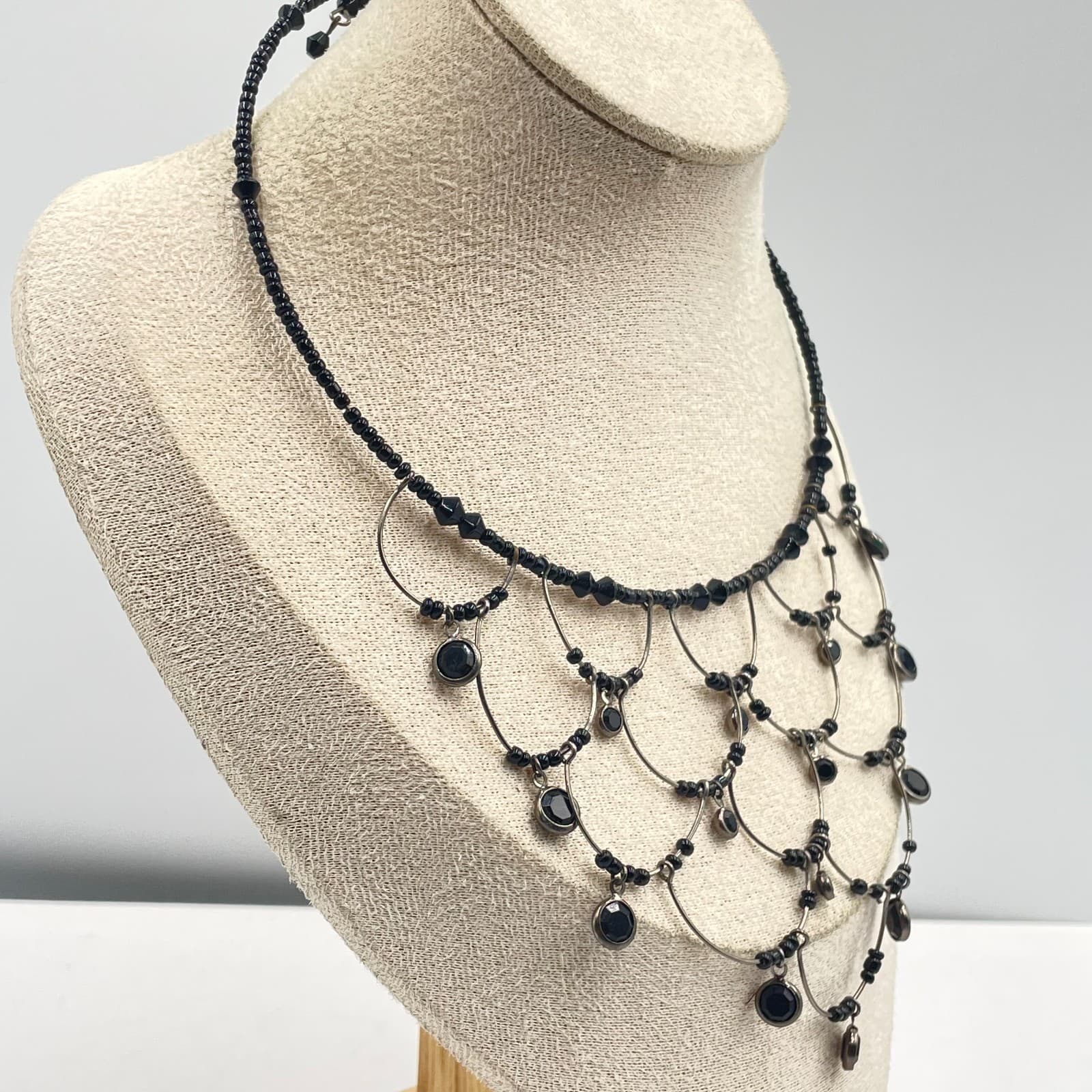 Vintage Gothic Victorian Black Seed Bead Scalloped Bib Statement Choker Necklace - Thumbnail 5