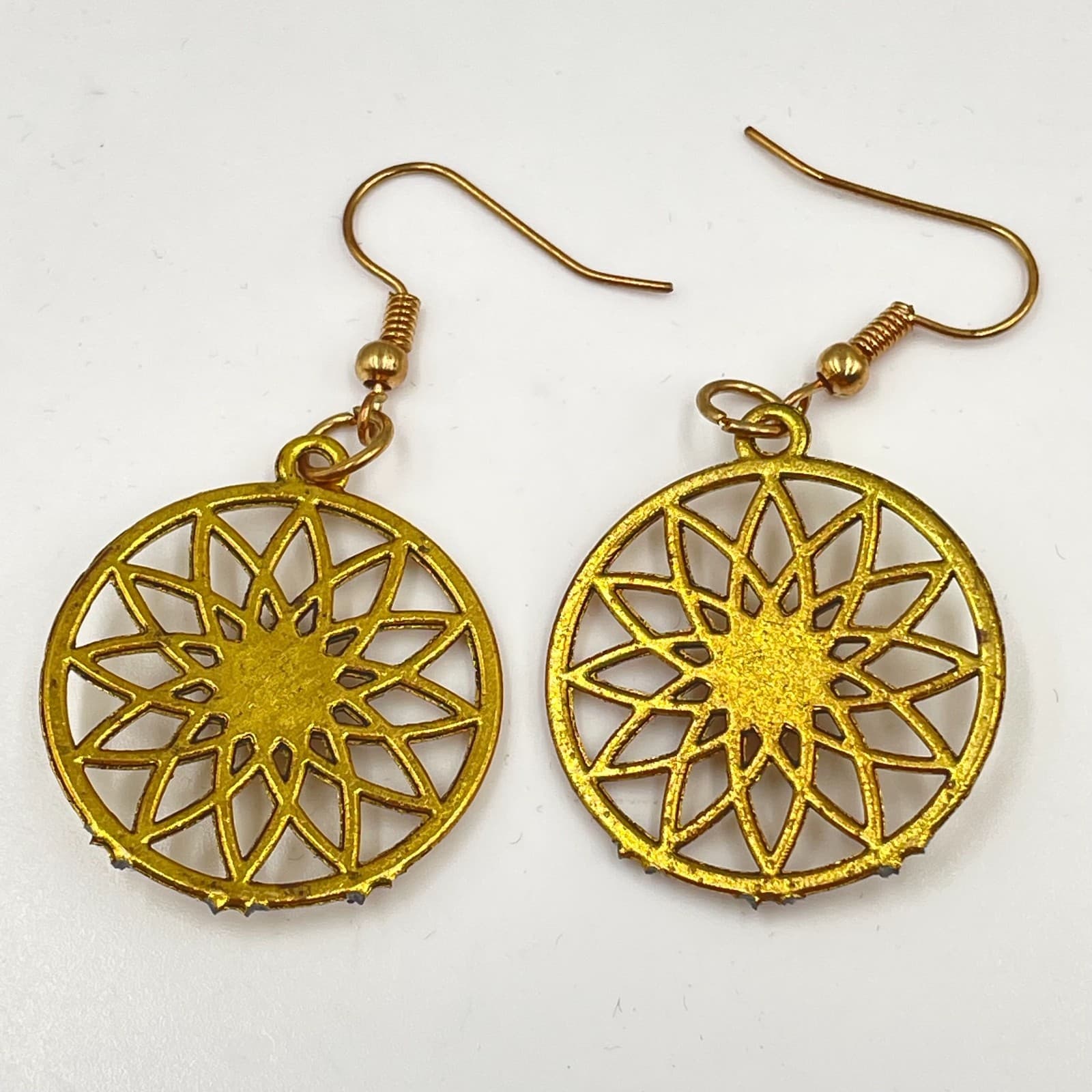 Bohemian Gold-Tone Metal Turquoise Center Mandala Dangle Drop Hook Earrings - Thumbnail 5
