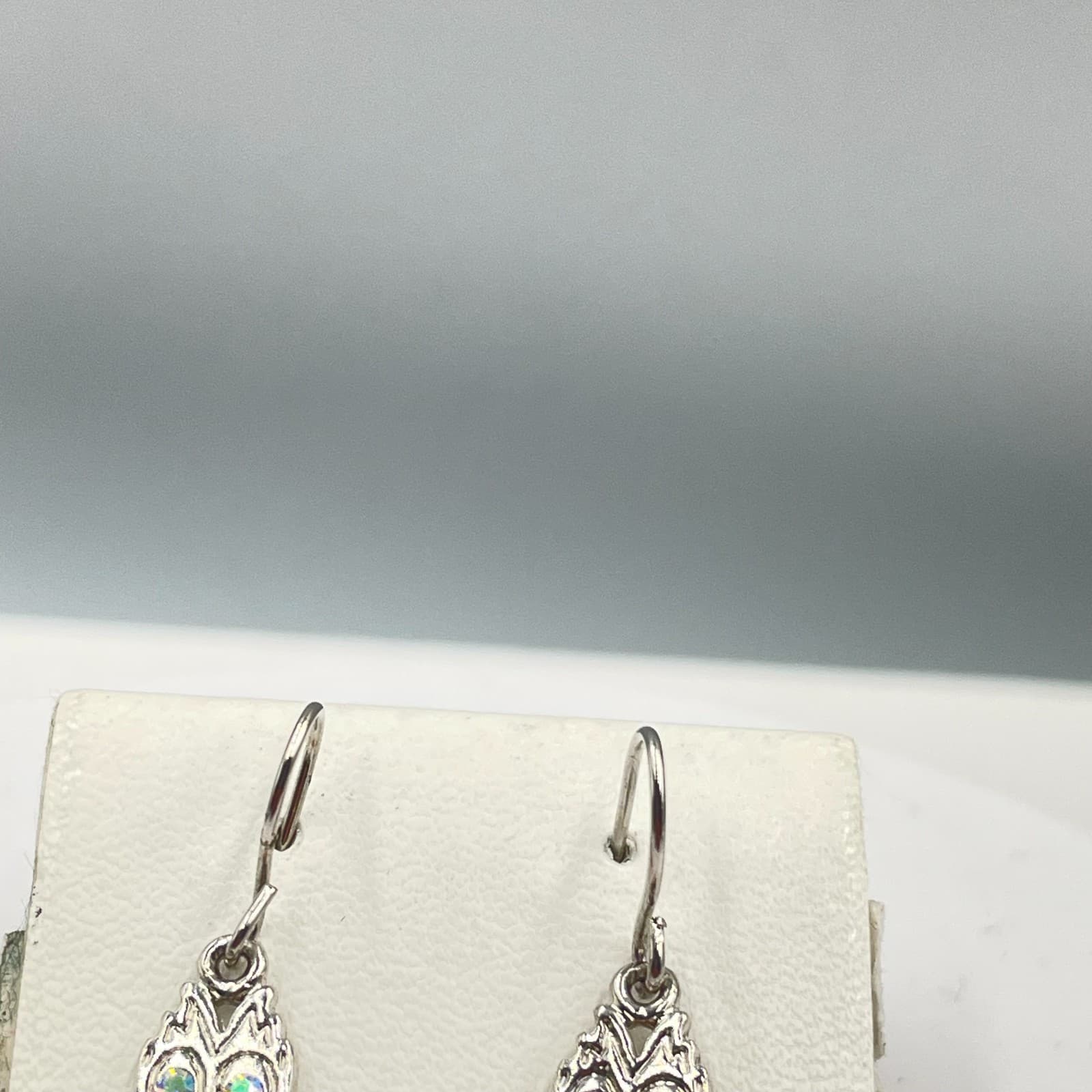 Vintage Silver-Tone Textured Metal Iridescent Rhinestone Eye Owl Dangle Earrings - Thumbnail 2