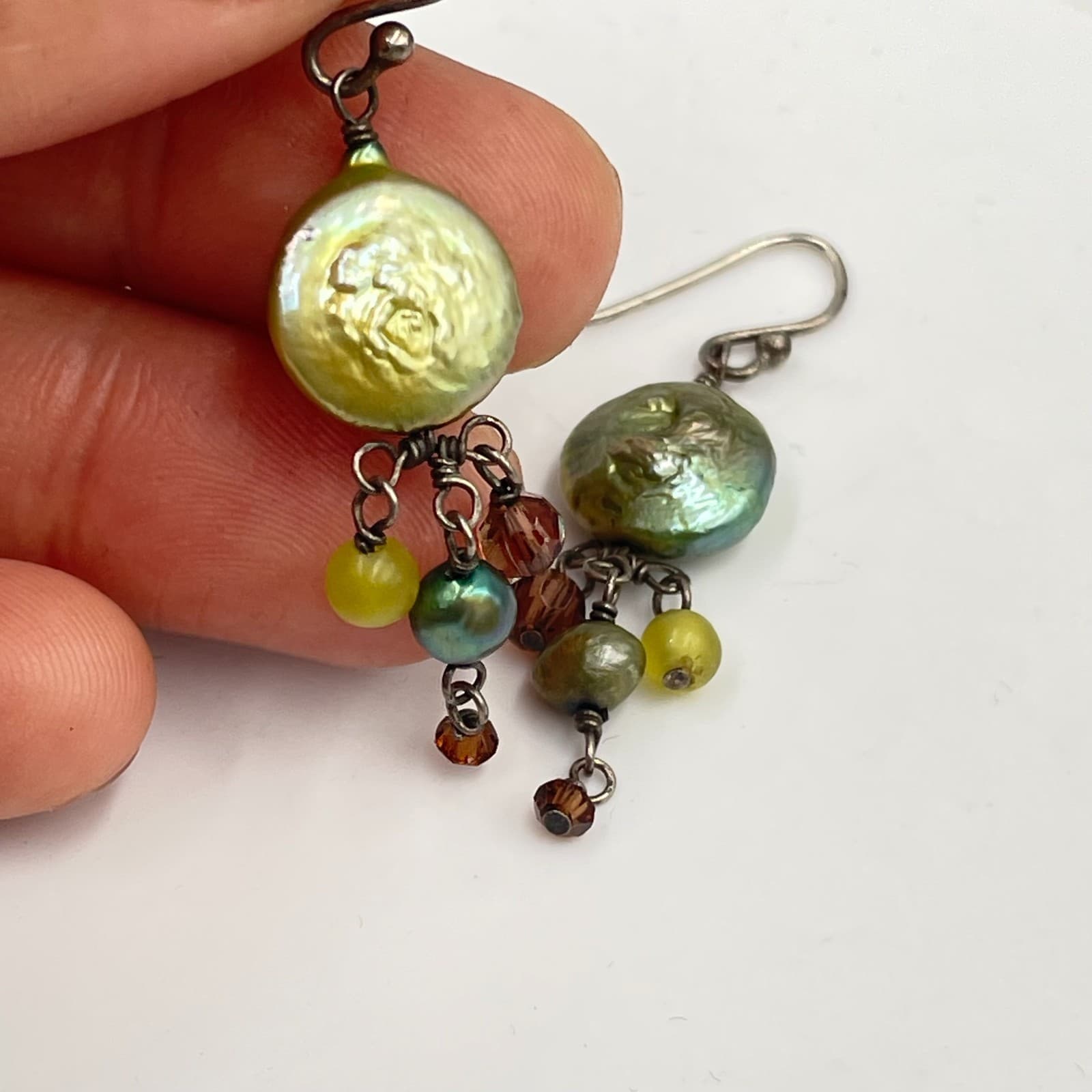 Vintage Gold-Tone Cluster Crystals Coin Pearls Dangle Drop French Hook Earrings - Thumbnail 6