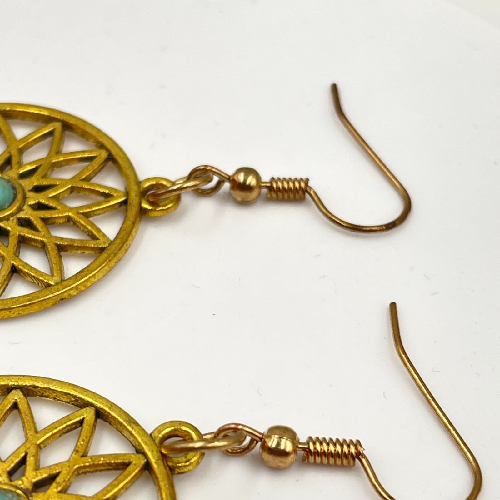 Bohemian Gold-Tone Metal Turquoise Center Mandala Dangle Drop Hook Earrings - Thumbnail 3