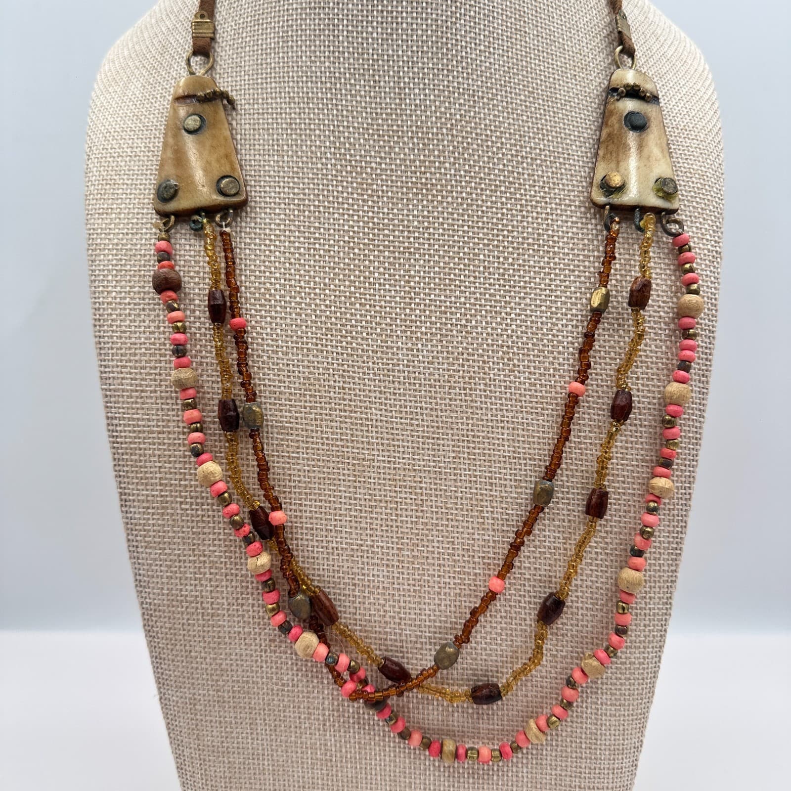 Vintage 80s Beaded Statement Necklace Tribal Artisanal Pink Earth Retro Jewelry - Image 1