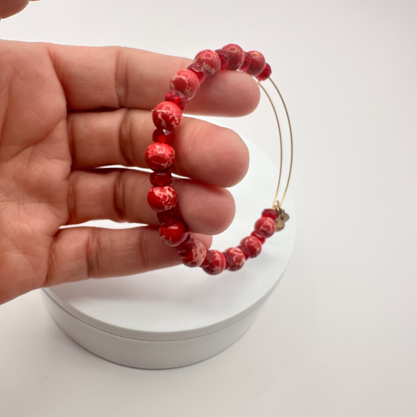 Vintage 80s Americana Grateful Beaded Bangle Red & Rafaelian Gold Tone Jewelry - Thumbnail 6