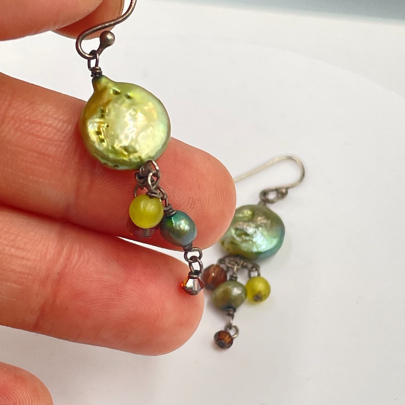 Vintage Gold-Tone Cluster Crystals Coin Pearls Dangle Drop French Hook Earrings - Thumbnail 5