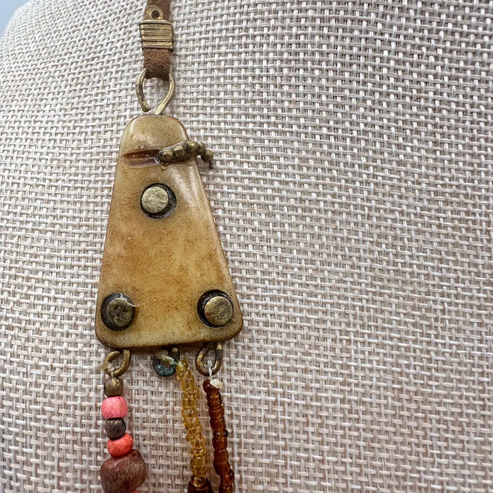 Vintage 80s Beaded Statement Necklace Tribal Artisanal Pink Earth Retro Jewelry - Thumbnail 3