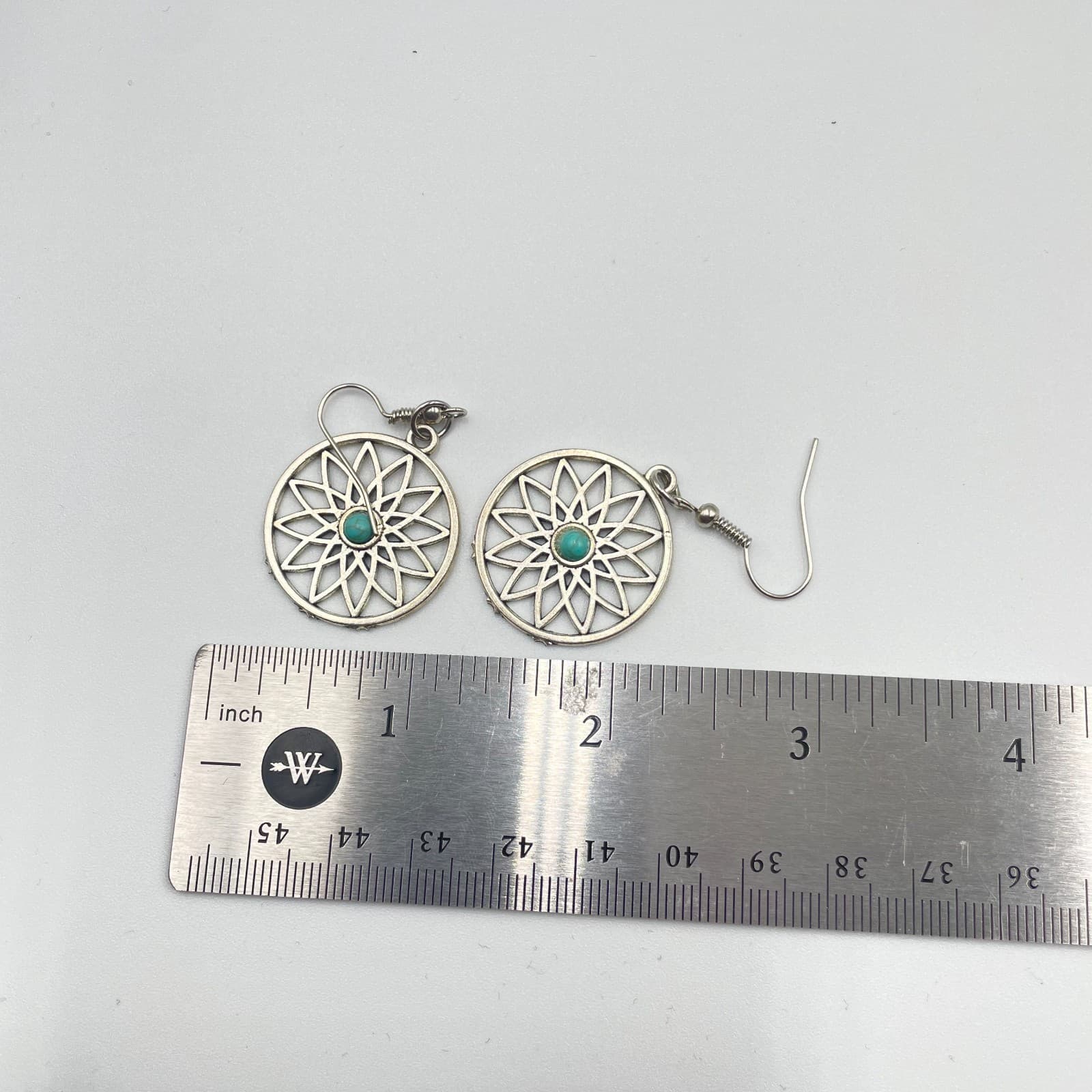 Bohemian Silver-Tone Metal Turquoise Center Mandala Dangle Drop Hook Earrings - Thumbnail 7