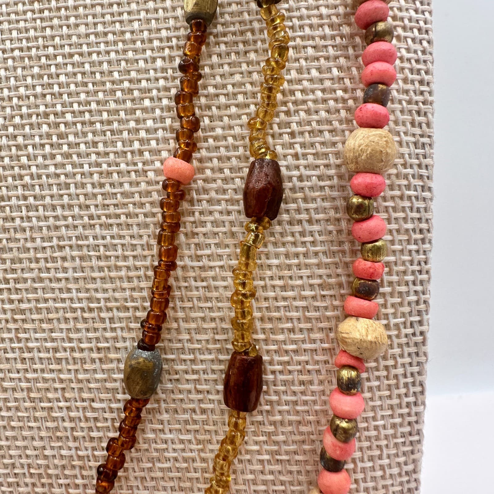 Vintage 80s Beaded Statement Necklace Tribal Artisanal Pink Earth Retro Jewelry - Thumbnail 5