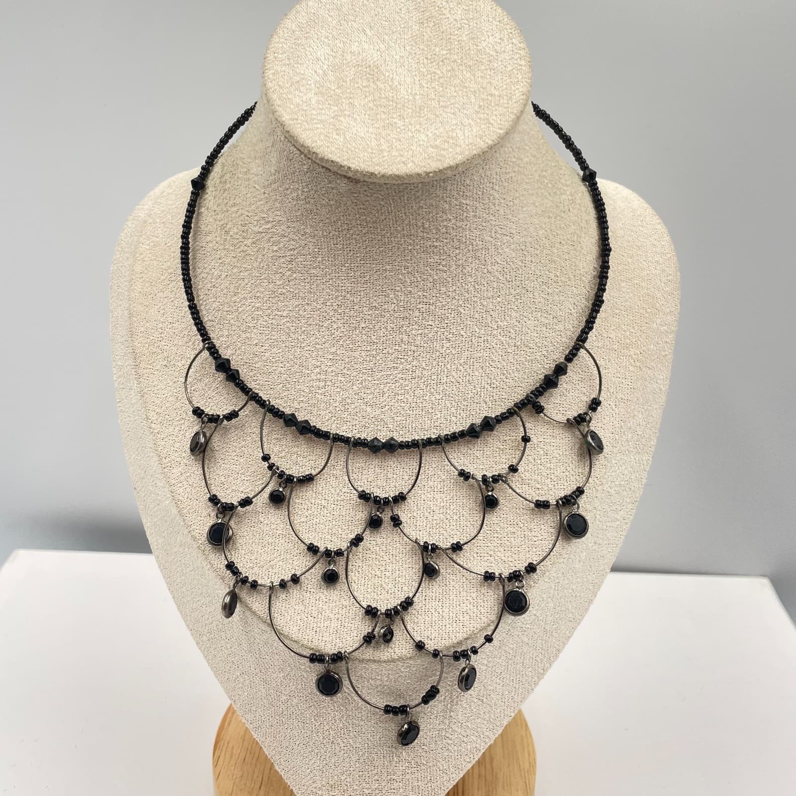 Vintage Gothic Victorian Black Seed Bead Scalloped Bib Statement Choker Necklace - Image 1