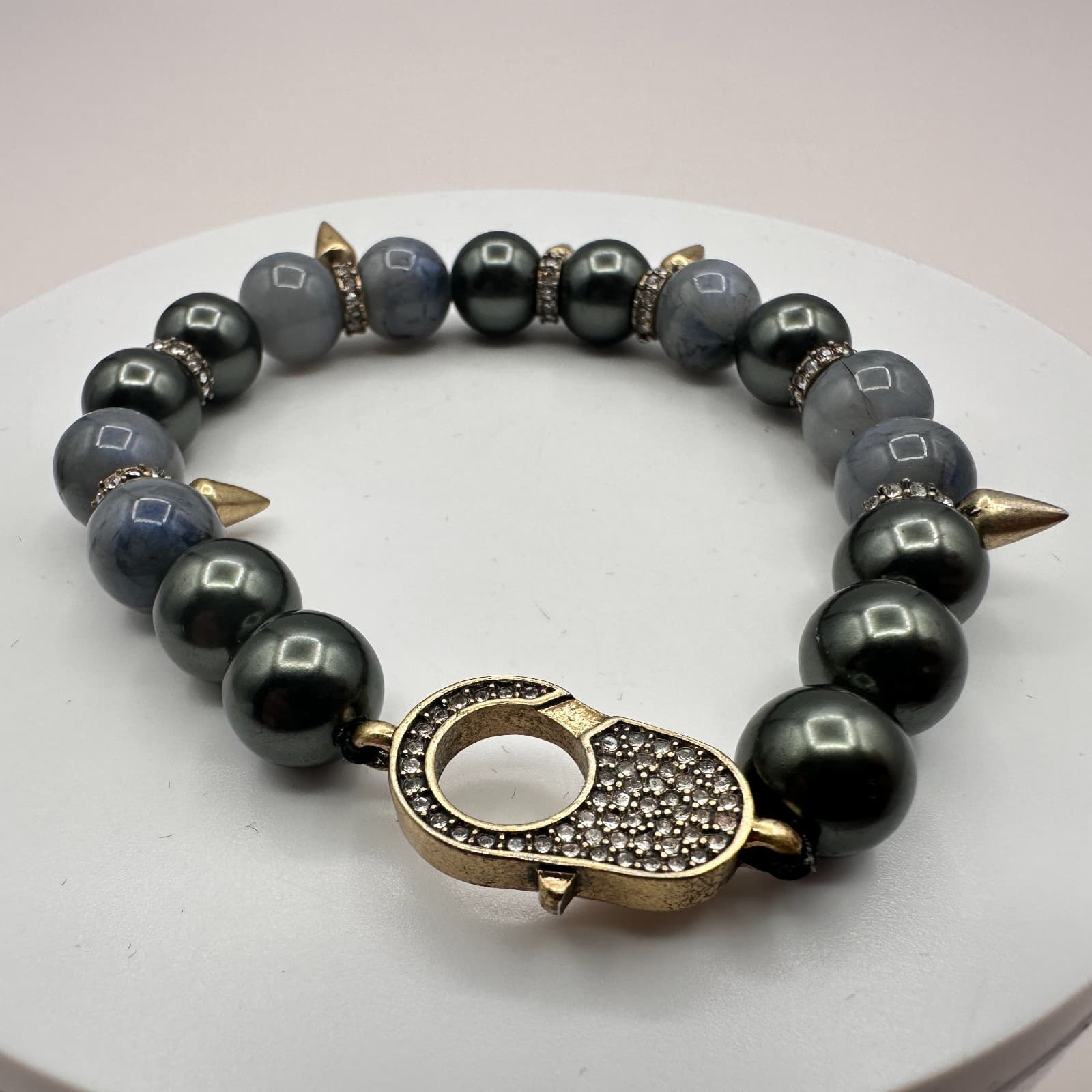 Vintage 80s Beaded Stretch Bracelet Slate Grey Hematite Gold Tone Spikes Jewelry - Thumbnail 3