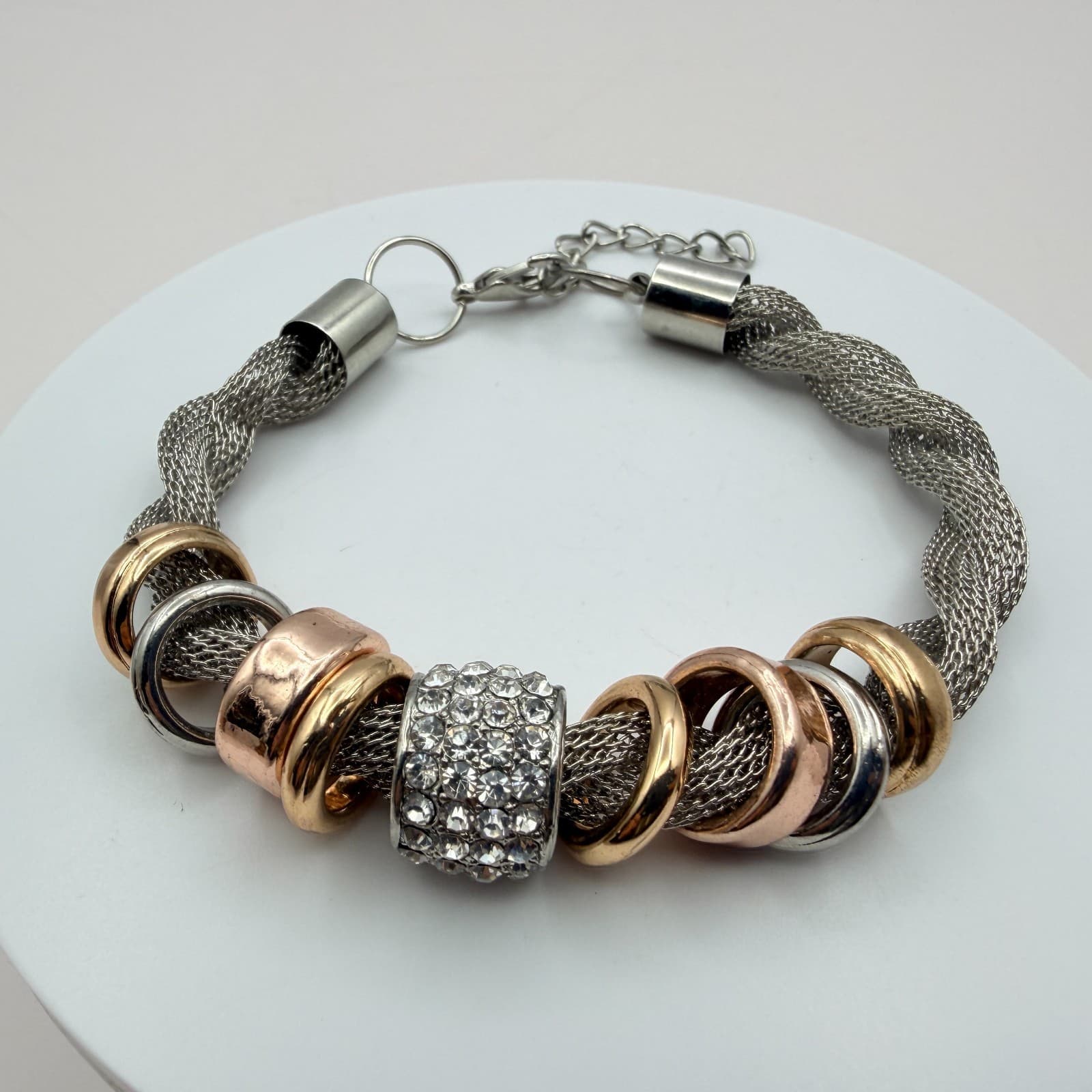 Vintage 50s Silver Tone Mesh Chain Bracelet Rhinestone Ring Charms Style Jewelry - Thumbnail 8