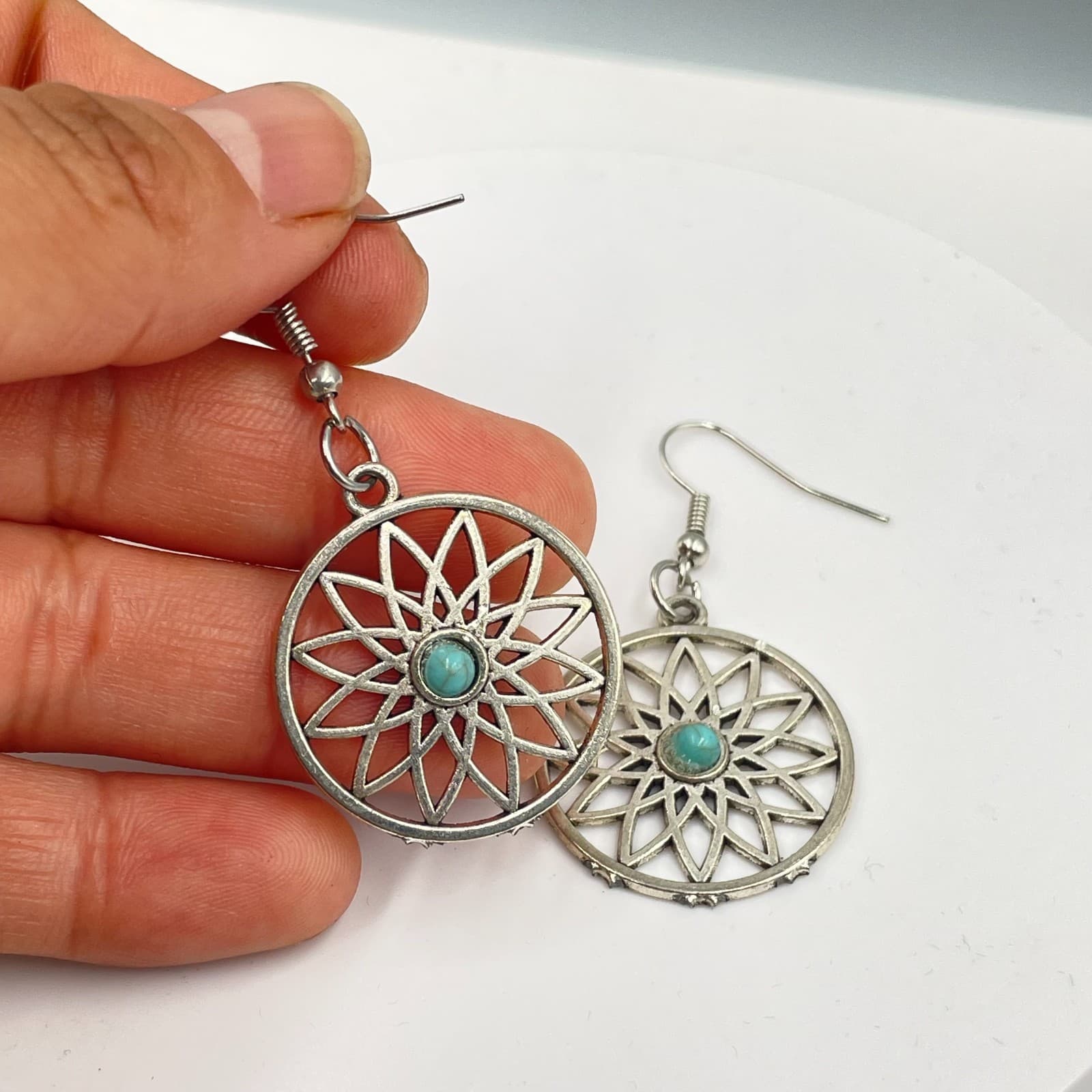Bohemian Silver-Tone Metal Turquoise Center Mandala Dangle Drop Hook Earrings - Thumbnail 5