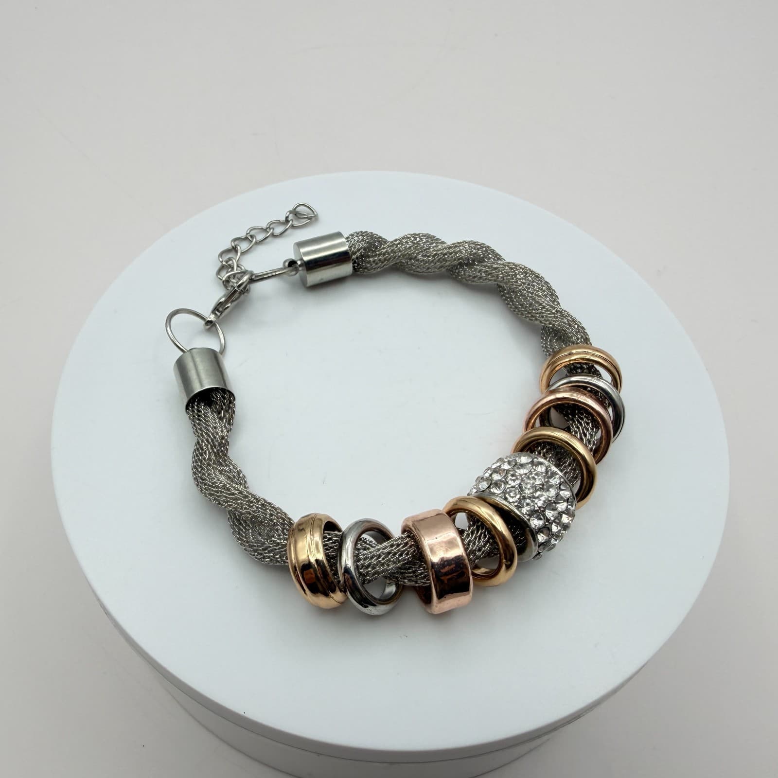 Vintage 50s Silver Tone Mesh Chain Bracelet Rhinestone Ring Charms Style Jewelry - Thumbnail 4