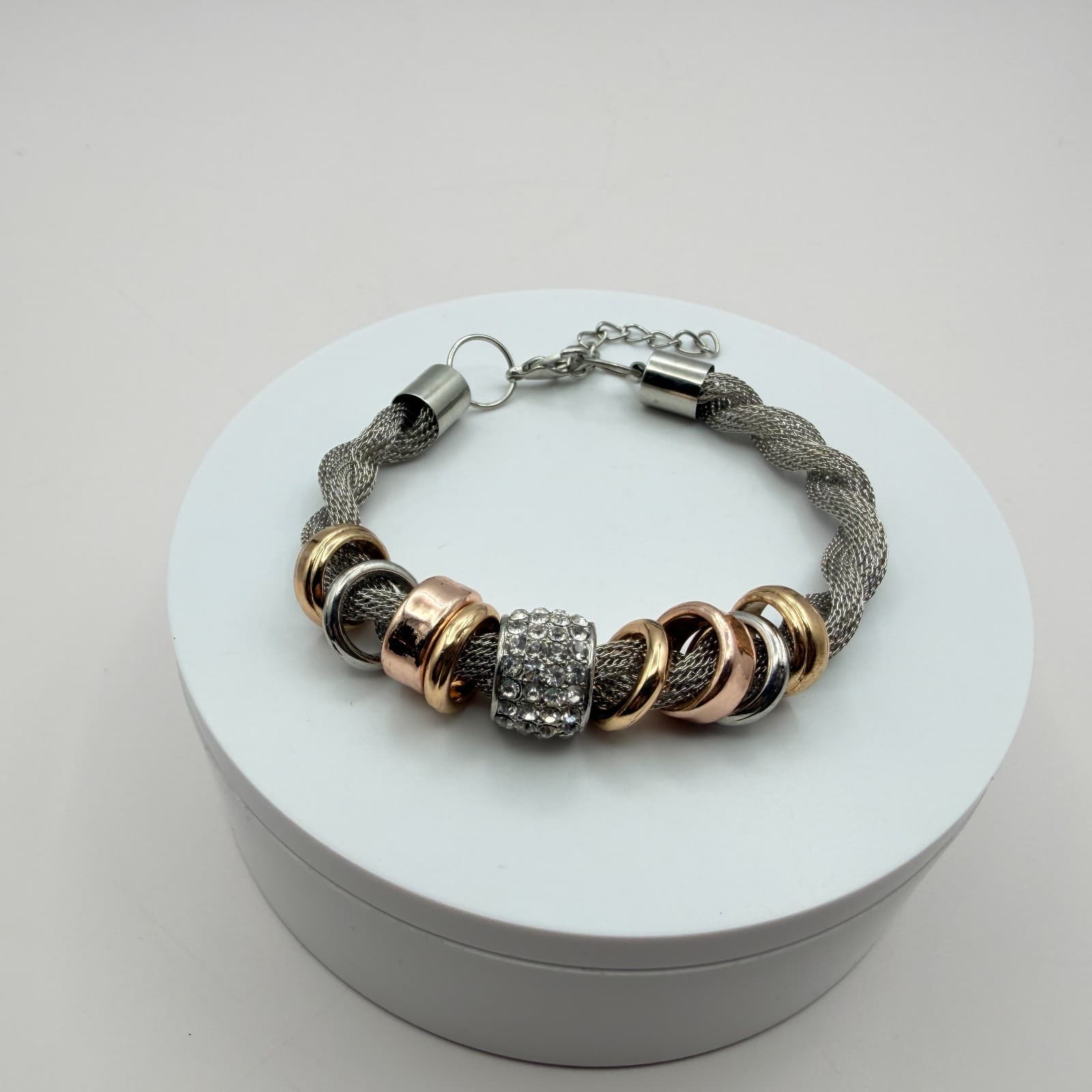 Vintage 50s Silver Tone Mesh Chain Bracelet Rhinestone Ring Charms Style Jewelry - Thumbnail 7